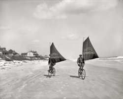 Volusia County, Florida, circa 1903. "Sailing bicycles on the beach at Ormond." 8x10 inch dry plate glass negative, Detroit Publishing Company. View full size.