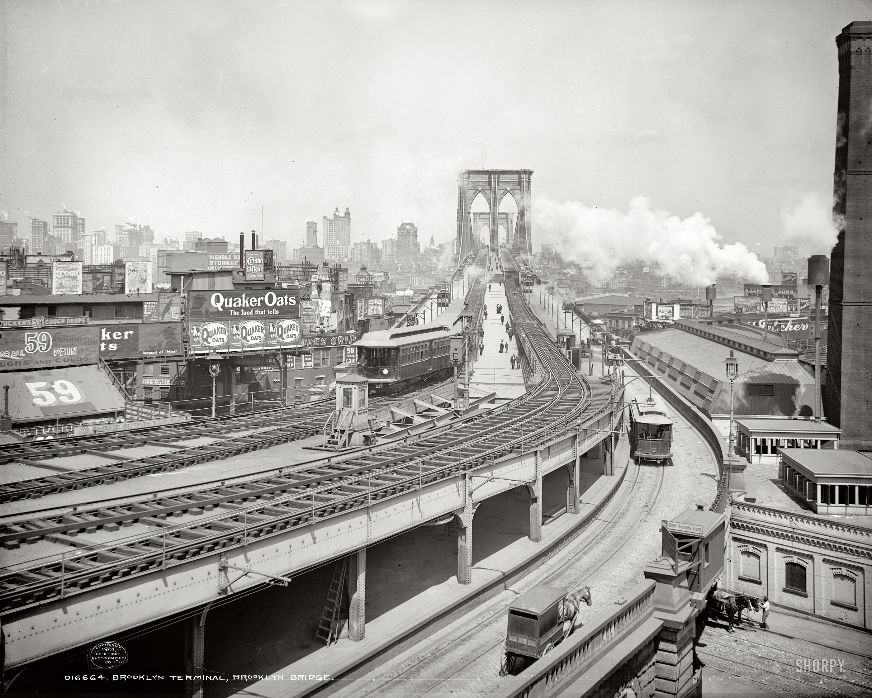 New York circa 1903. "Brooklyn Terminal at Brooklyn Bridge." 8x10 inch dry plate glass negative, Detroit Publishing Company. View full size.