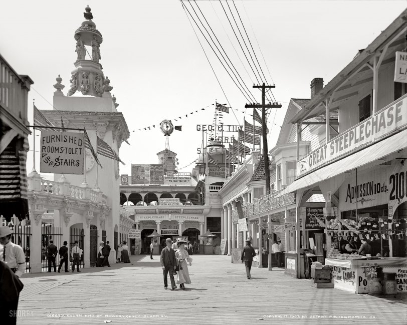 New York, August 1903. "South end of Bowery, Coney Island." Be sure to bring the kiddies -- "All the children will be presented with toys to-day." 8x10 inch dry plate glass negative, Detroit Publishing Company. View full size.
