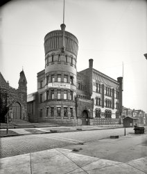 Cleveland, Ohio, circa 1906. "Cleveland Grays Armory." A volunteer militia that saw action in the Civil War, the Cleveland Grays built this sandstone castle as a meeting place and social center in 1893. Now playing: "Everyman," billed as "the XVth century morality play." Detroit Publishing glass negative. View full size.