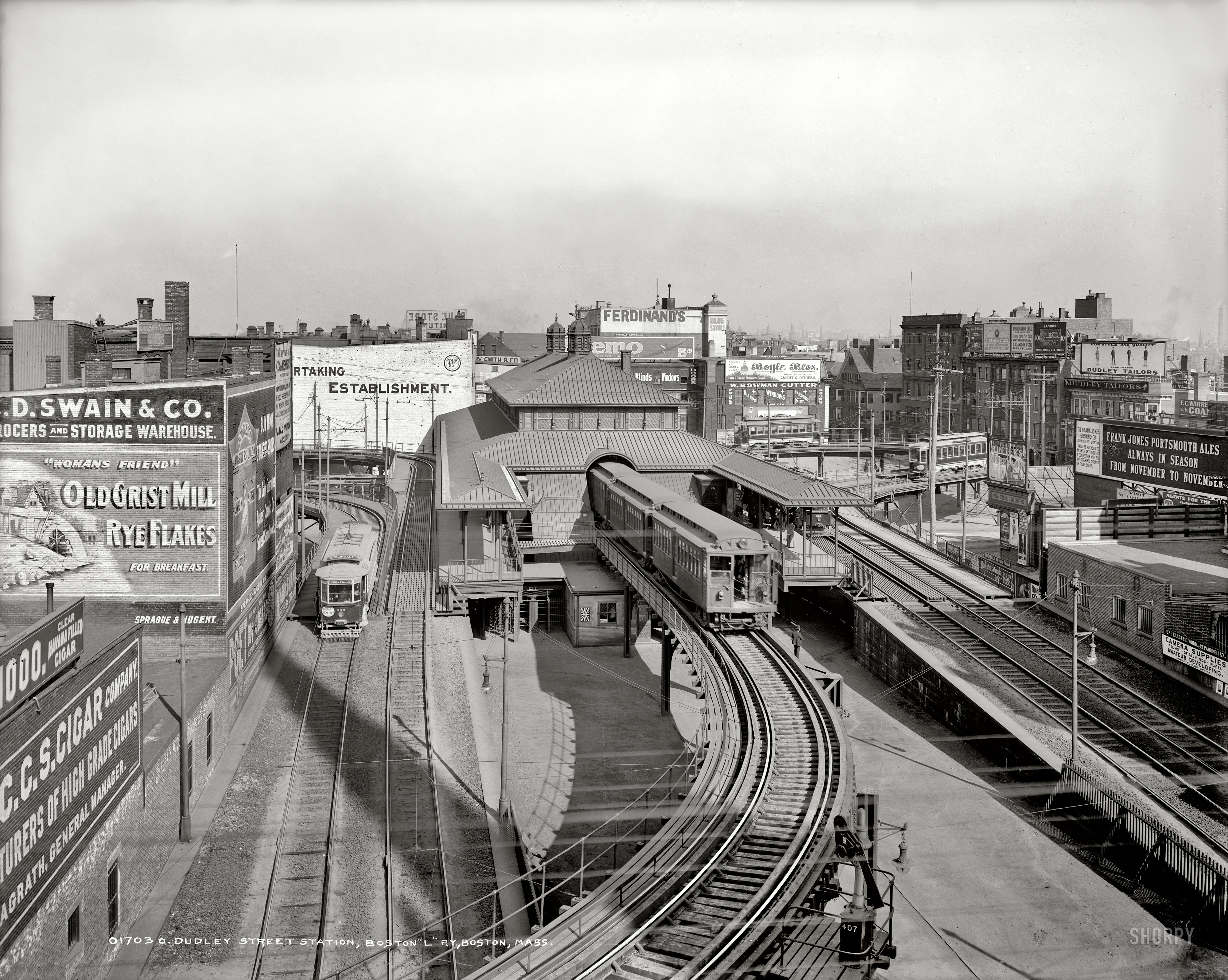 Boston, Massachusetts, circa 1904. "Dudley Street Station, Boston 'L' Railway." 8x10 inch dry plate glass negative, Detroit Publishing Company. View full size.