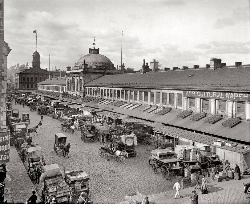 Boston, Massachusetts, circa 1904. "Quincy Market and Faneuil Hall." 8x10 inch dry plate glass negative, Detroit Publishing Company. View full size.
