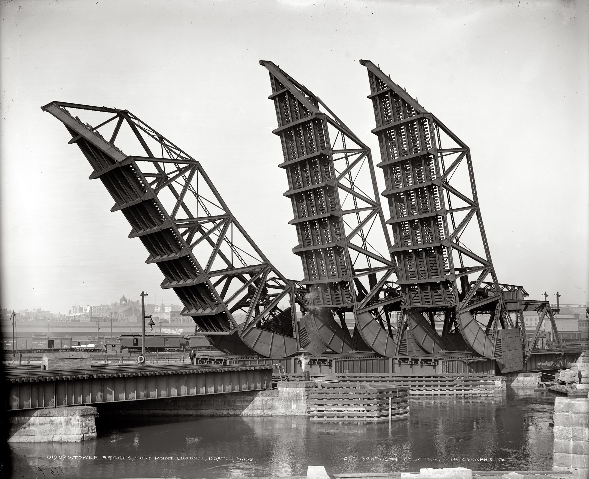 "Tower bridges, Fort Point Channel, Boston, 1904." Spans for Northern Avenue, Congress Street and Summer Street. Detroit Publishing Co. View full size.
