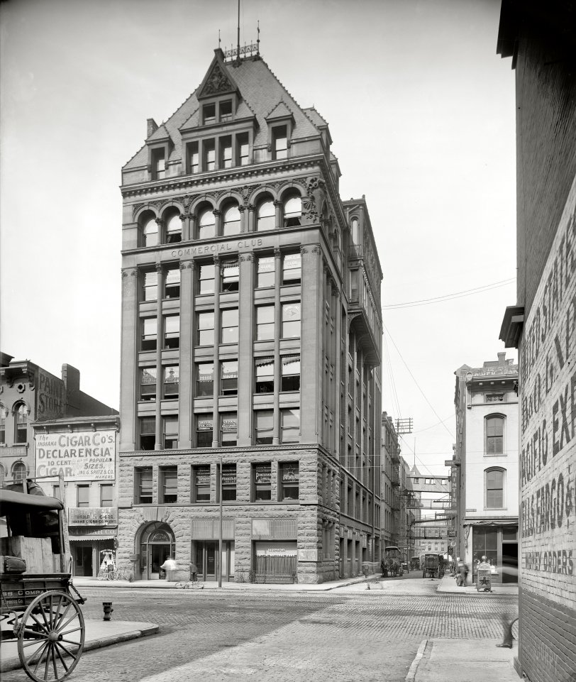 Circa 1905. "Commercial Club building, Indianapolis, Indiana." Looking west on Pearl Street at South Meridian. Detroit Publishing Co. View full size | Detail
