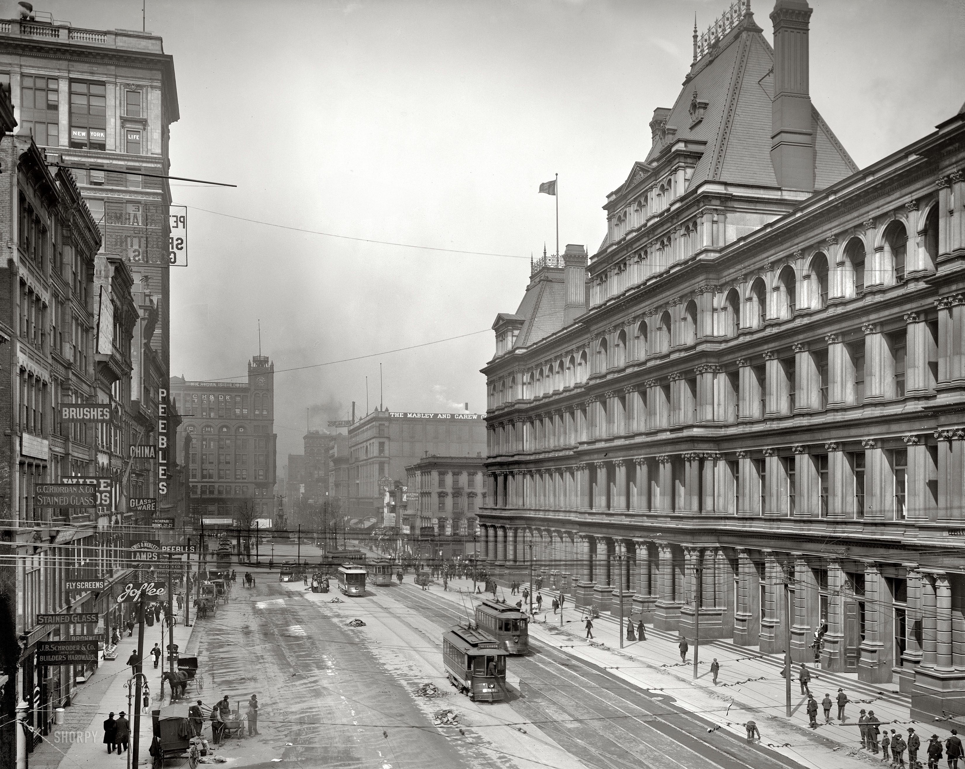 Cincinnati, Ohio, circa 1905. "Government Square." Convenient one-stop shopping for all your flyscreen and stained-glass needs. View full size.