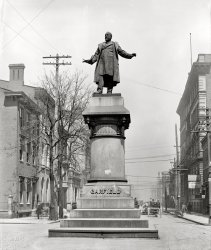 Cincinnati, Ohio, circa 1906. "Garfield statue." Our 20th president, cut down by an assassin's bullet and put up on a pedestal. 8x10 glass negative. View full size.
