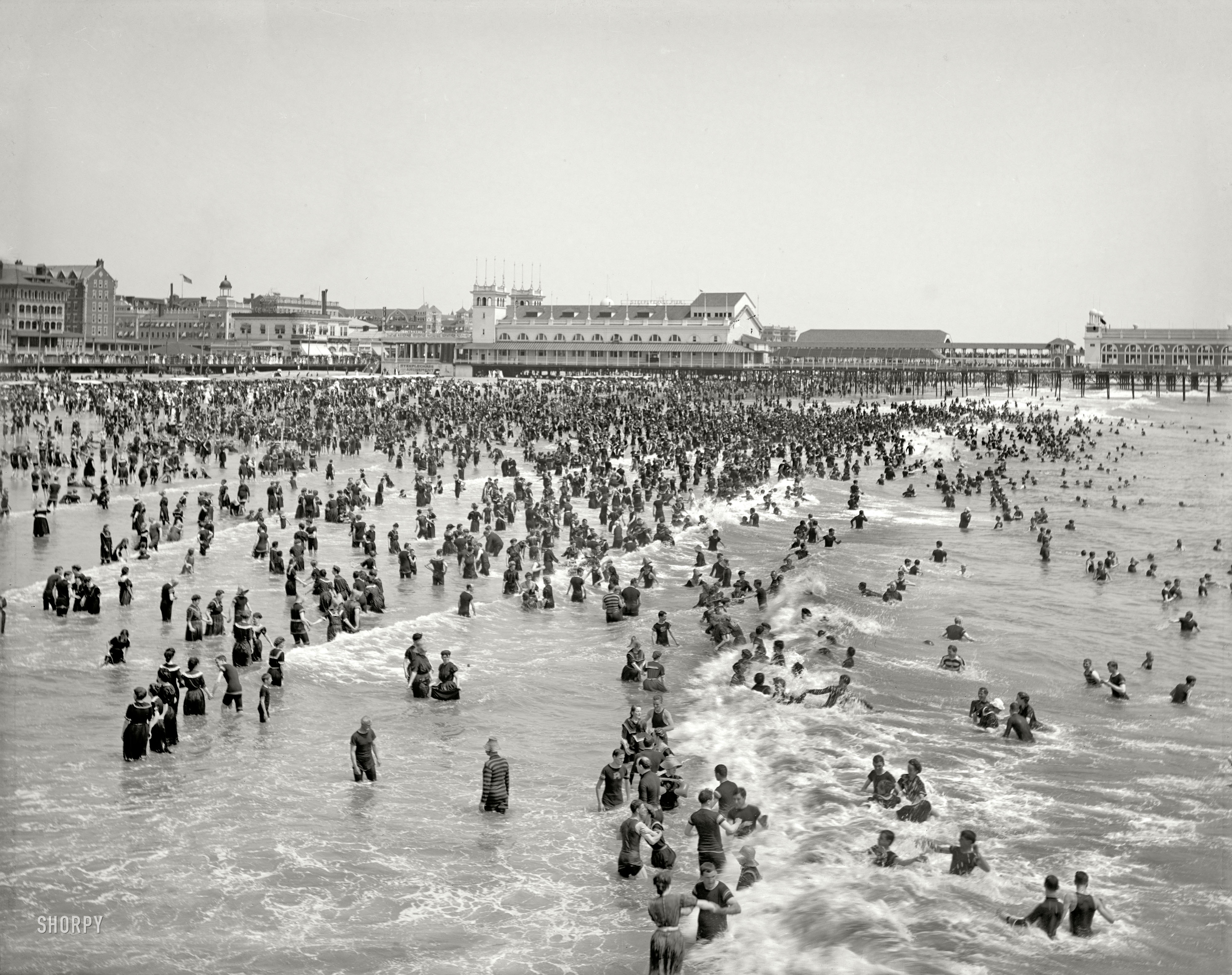 The Jersey Shore circa 1904. "Steeplechase Pier and bathers, Atlantic City." 8x10 inch dry plate glass negative, Detroit Publishing Company. View full size.