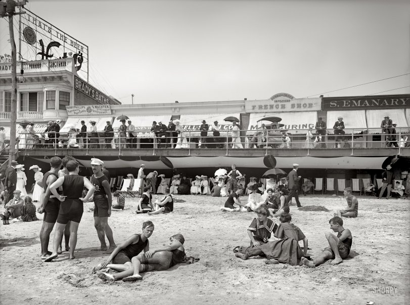 Atlantic City, New Jersey, circa 1904. "Boardwalk from the beach." 8x10 inch dry plate glass negative, Detroit Publishing Company. View full size.

