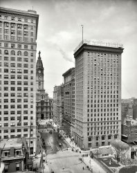 Philadelphia circa 1904. "The North American and Real Estate Trust buildings." Plus a glimpse of Philadelphia City Hall. 8x10 inch glass negative. View full size.