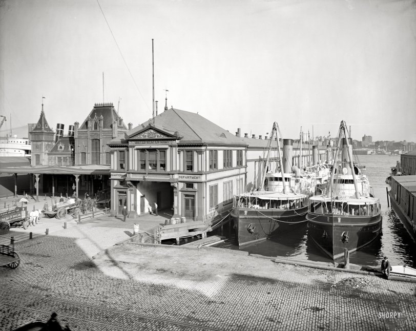 New York circa 1905. "U.S. Government Dock and Wall Street Ferry." 8x10 inch dry plate glass negative, Detroit Publishing Company. View full size.
