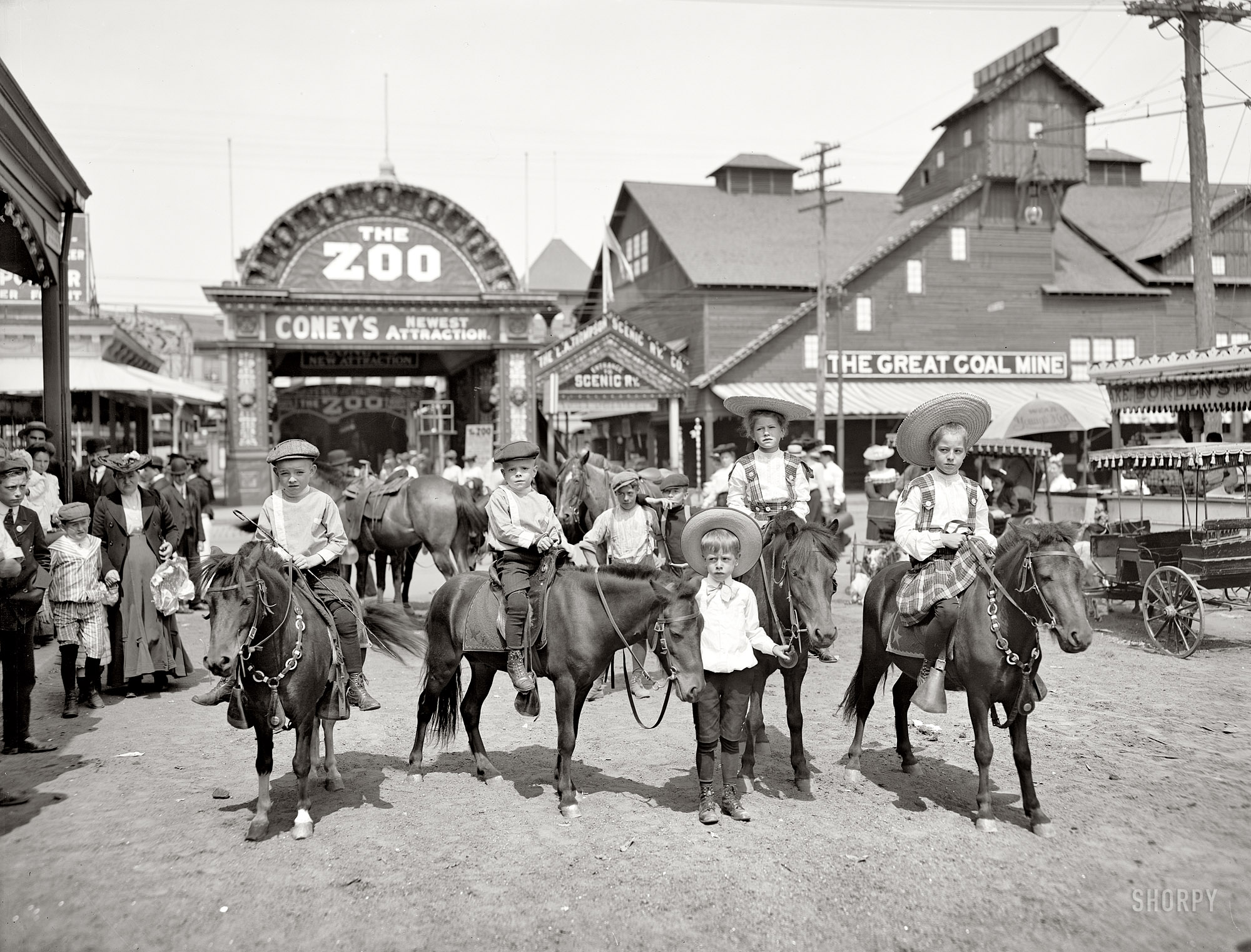 New York circa 1904. "The ponies, Coney Island." 8x10 inch dry plate glass negative, Detroit Publishing Company. View full size.