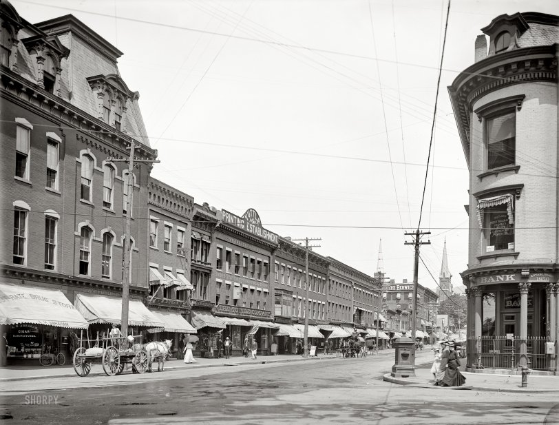 Circa 1904. "Center Street, Rutland, Vermont." Our second look at this charming town. 8x10 inch dry plate glass negative, Detroit Publishing Co. View full size.
