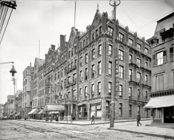 Albany, New York, circa 1906. "New Kenmore Hotel." Familiar street fixtures of the era include the carbon arc lamp, telephone distribution ring and streetcar pylons. Not to mention hostelry with complicated masonry facade. 8x10 inch dry plate glass negative, Detroit Publishing Company. View full size.