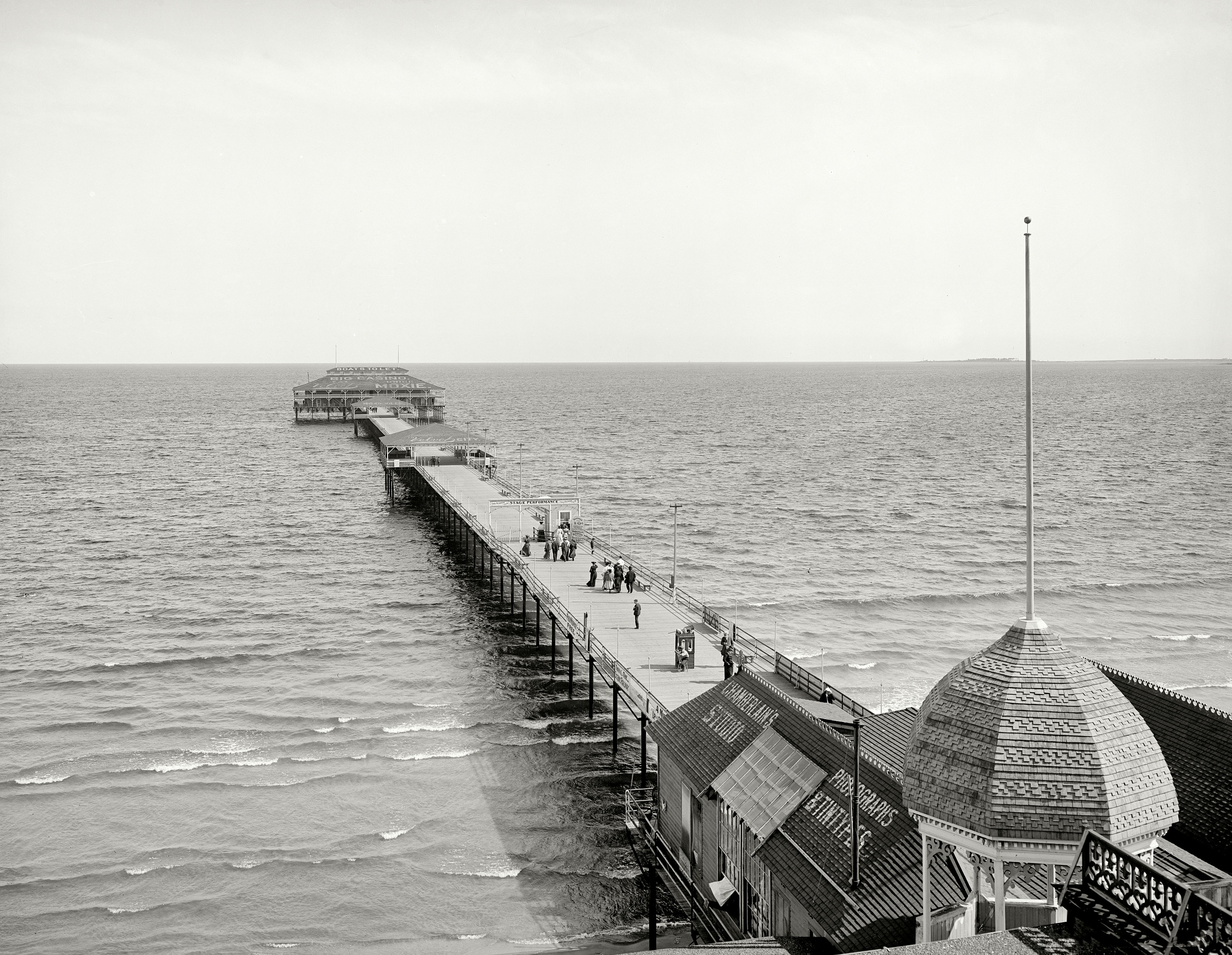Circa 1904. "Old Orchard, Maine. Ocean Pier." After a long walk on this long pier: Drink Moxie! 8x10 inch glass negative, Detroit Publishing Co. View full size.