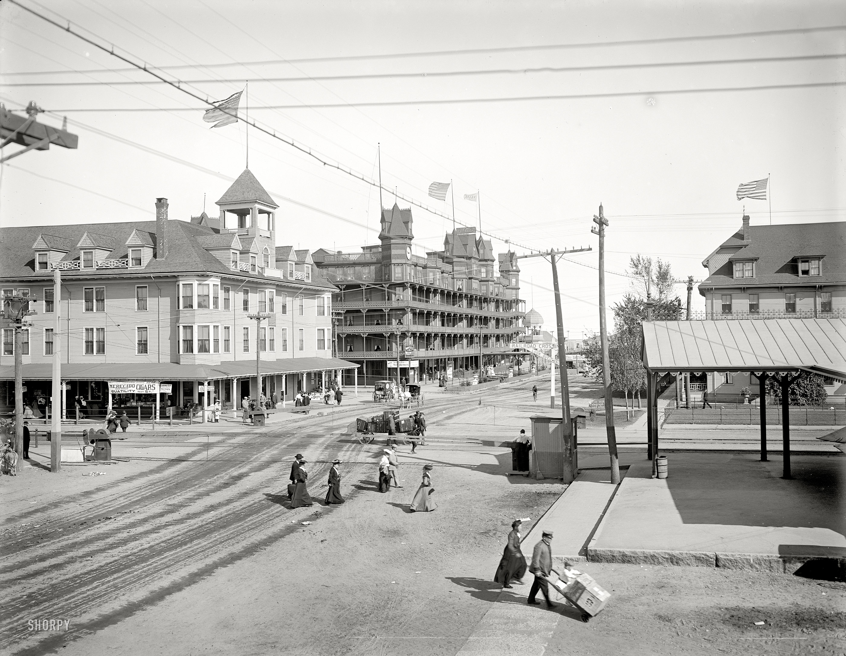 Old Orchard, Maine, circa 1904. "Alberta and Velvet hotels." 8x10 inch dry plate glass negative, Detroit Publishing Company. View full size.
