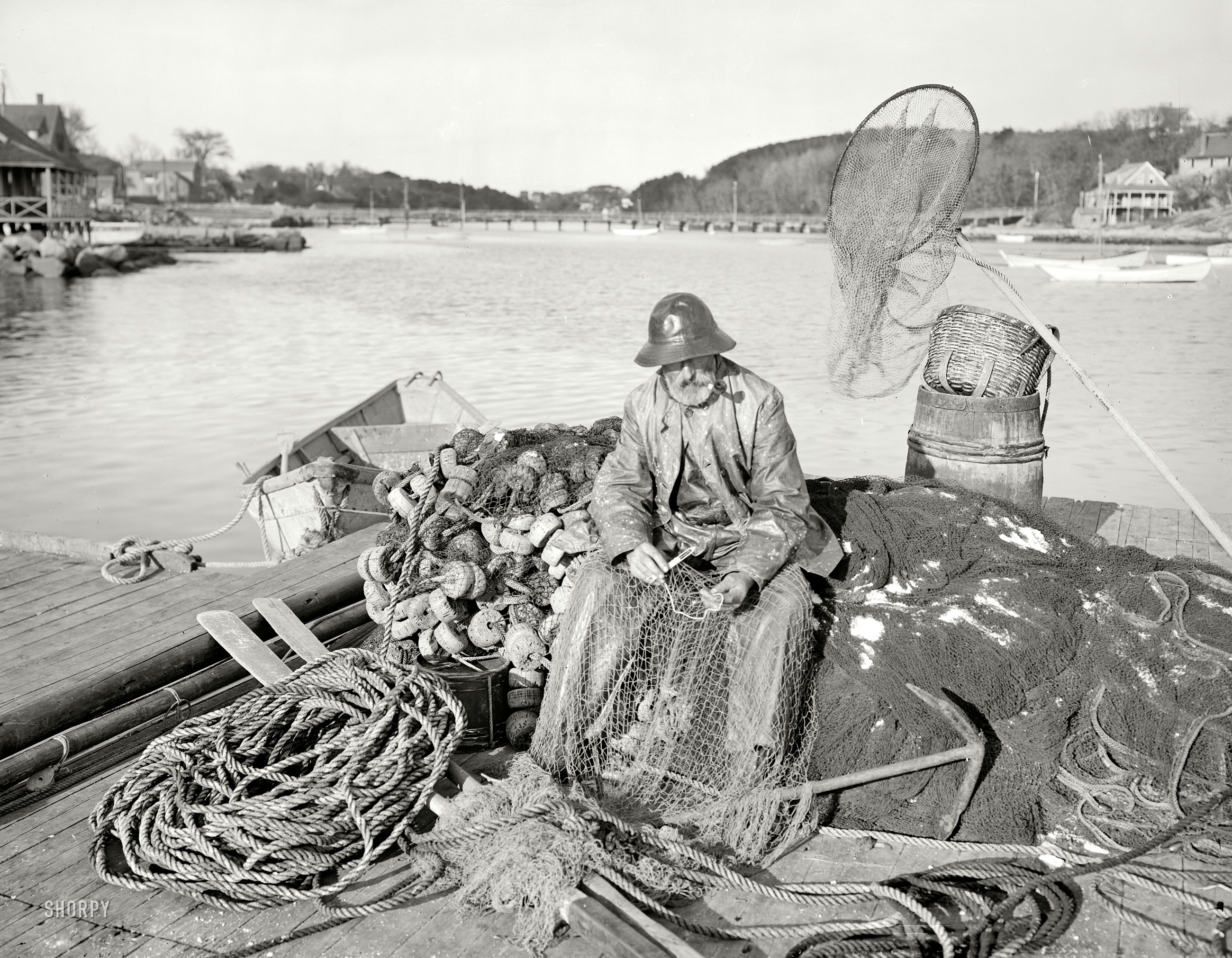 Gloucester, Massachusetts, circa 1905. "Fisherman getting ready for a trip." 8x10 inch dry plate glass negative, Detroit Publishing Company. View full size.
