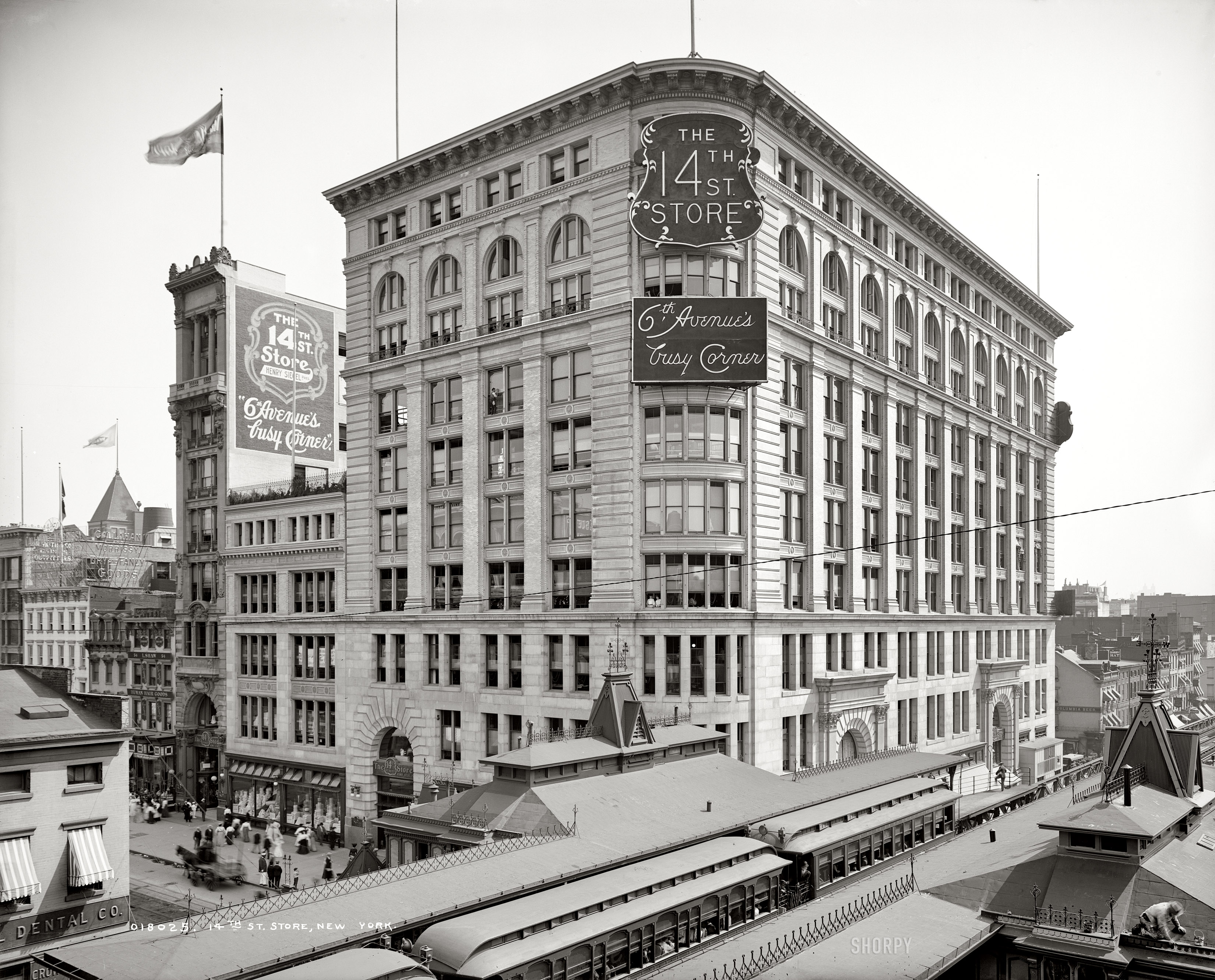 New York circa 1906. "14th Street Store." Several subplots here, involving roofs, windows and hair. Detroit Publishing glass negative. View full size.