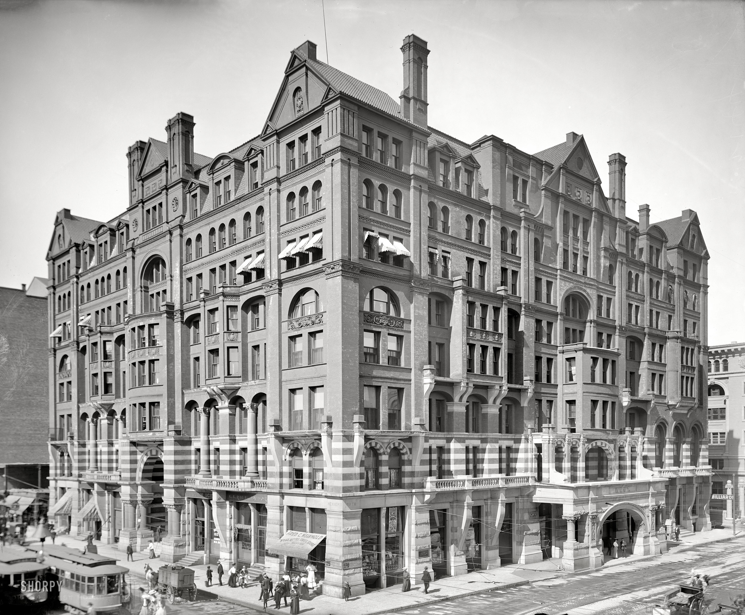 Minneapolis, Minnesota, circa 1905. "West Hotel." Busy both architecturally and commercially. 8x10 inch glass negative, Detroit Publishing Co. View full size.