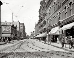 St. Paul, Minnesota, circa 1905. "Wabasha Street." One dog and one boy, ready for adventures! 8x10 inch dry plate glass negative, Detroit Publishing Company. View full size.