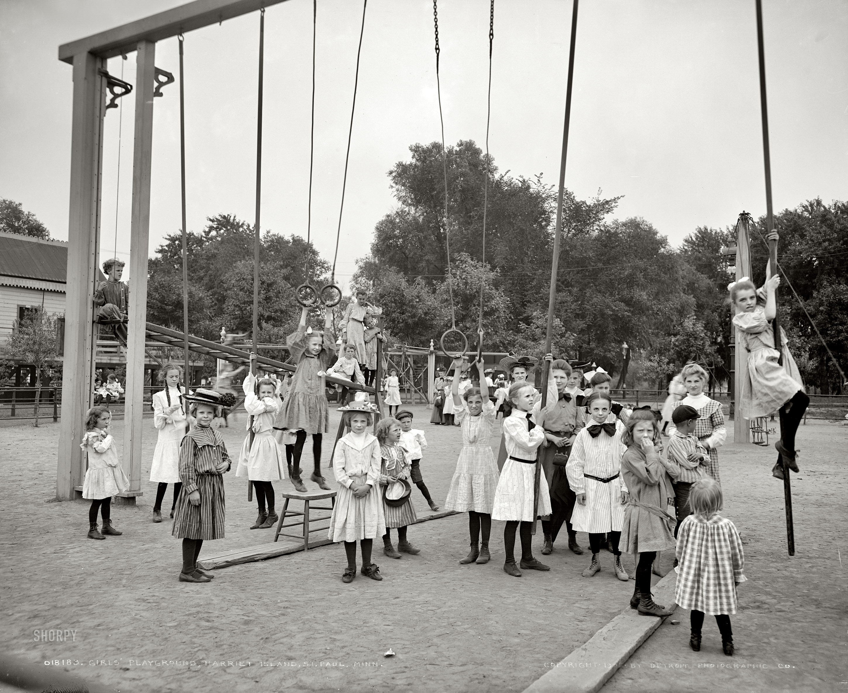 St. Paul, Minnesota, circa 1905. "Girls' playground, Harriet Island." 8x10 inch dry plate glass negative, Detroit Publishing Company. View full size.