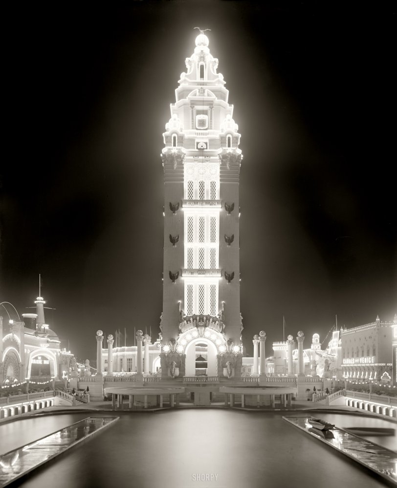 Coney Island, New York, circa 1905. "Dreamland at night." 8x10 inch dry plate glass negative, Detroit Publishing Company. View full size.
