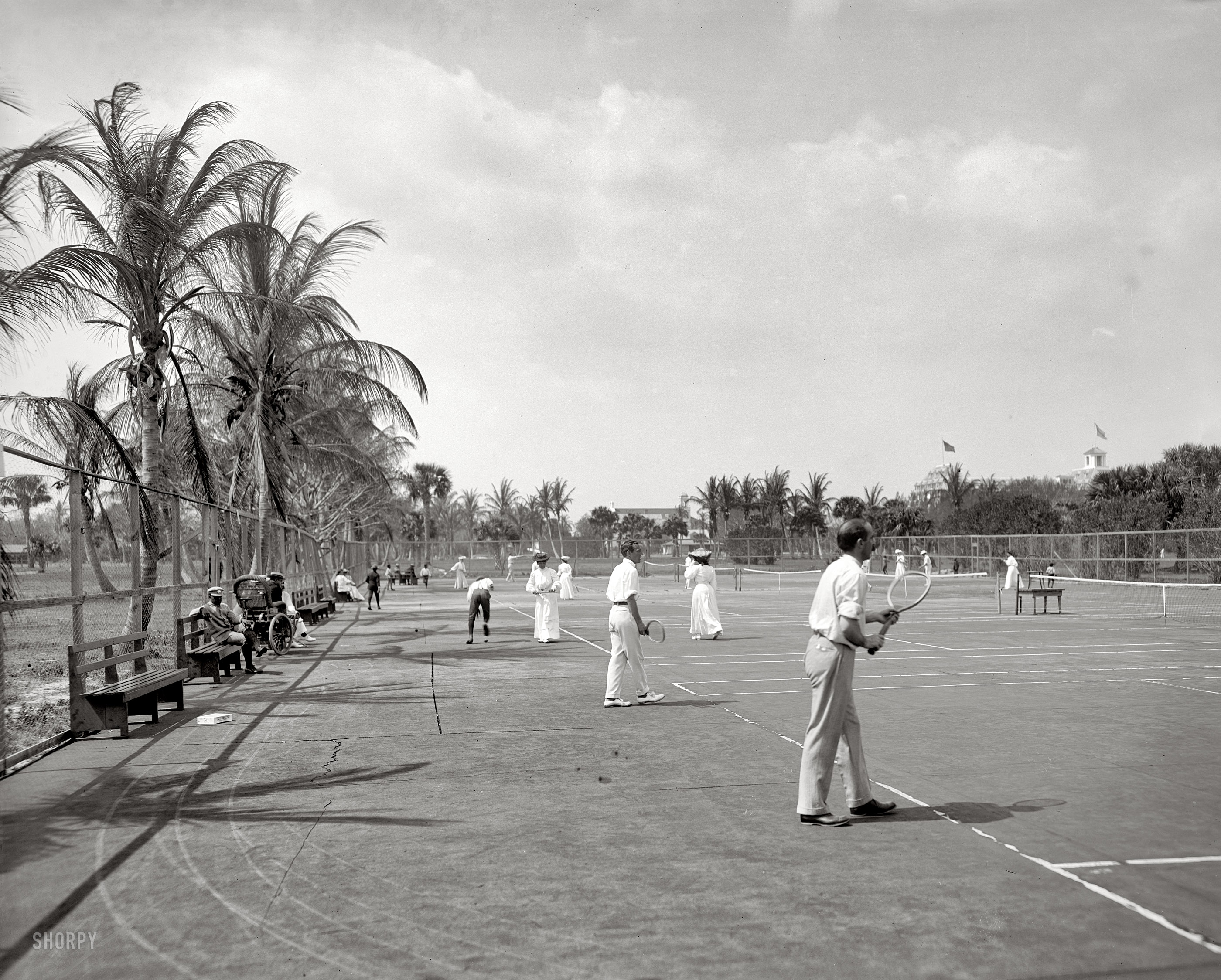 Florida circa 1905. "Tennis courts at Palm Beach." 8x10 inch dry plate glass negative, Detroit Publishing Company. View full size.
