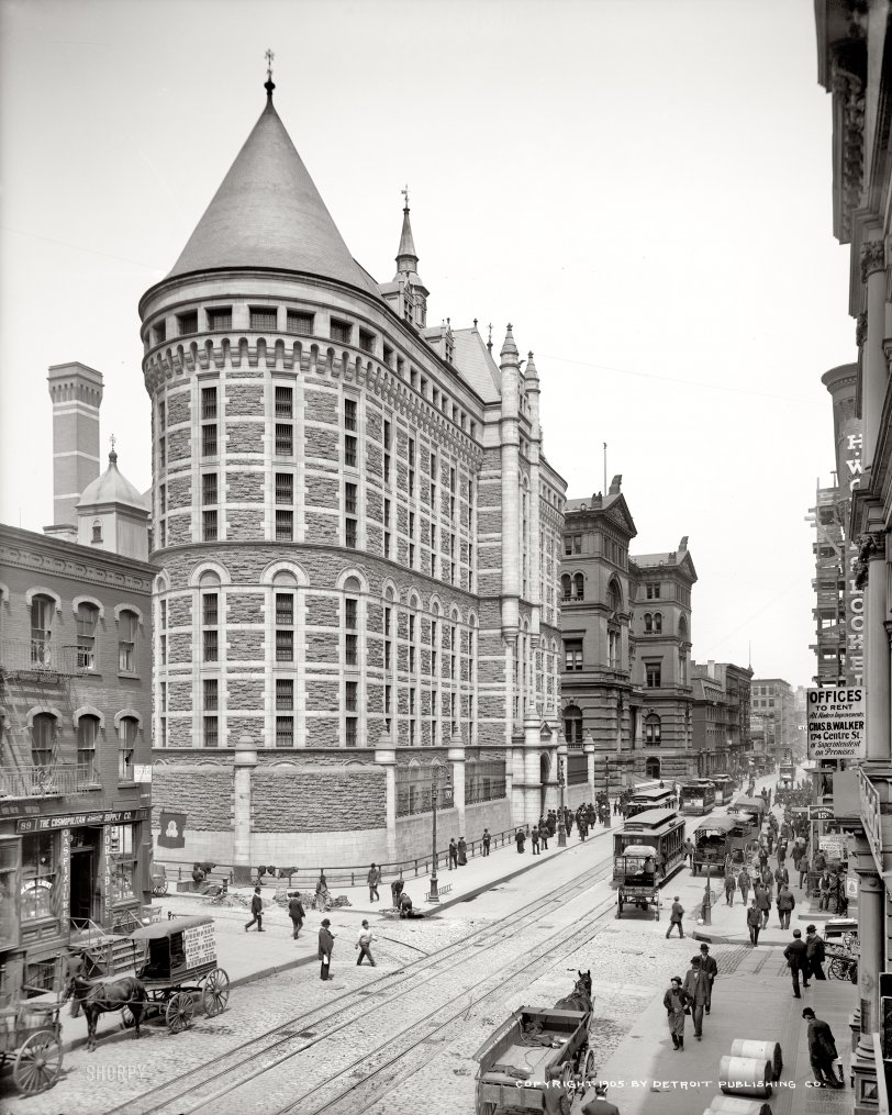 Circa 1905. "Tombs Prison, New York." The view down Centre Street at Leonard Street. What I wouldn't give for five minutes inside Cosmopolitan Incandescent Supply Co. ("Headquarters for Gas Lamps"), or A. Epstein Novelties &amp; Games! 8x10 inch dry plate glass negative, Detroit Publishing Company. View full size.
