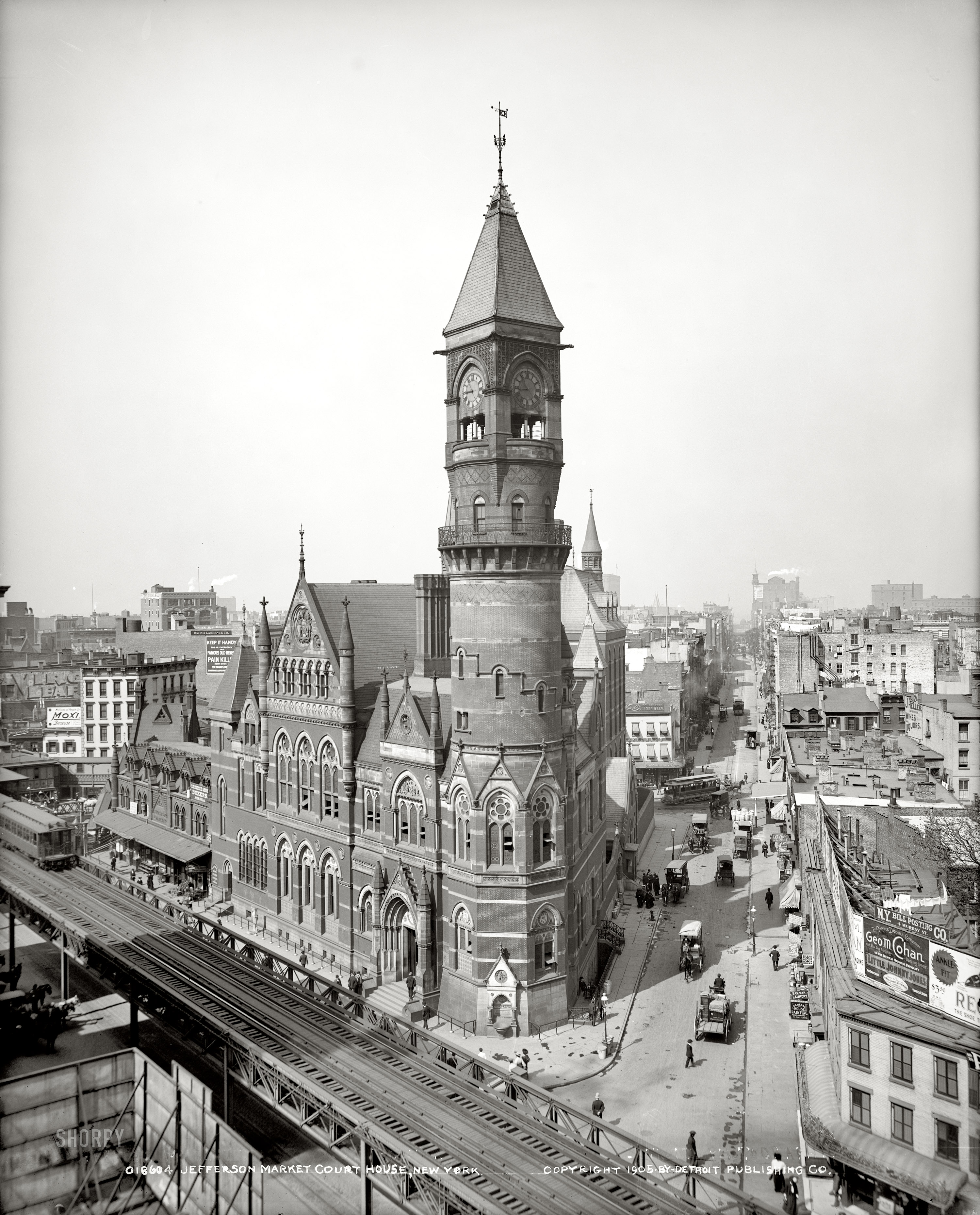 New York City circa 1905. "Jefferson Market Courthouse." Now a library. Looking down West 10th Street at Sixth Avenue in Greenwich Village. 8x10 inch dry plate glass negative, Detroit Publishing Company. View full size.