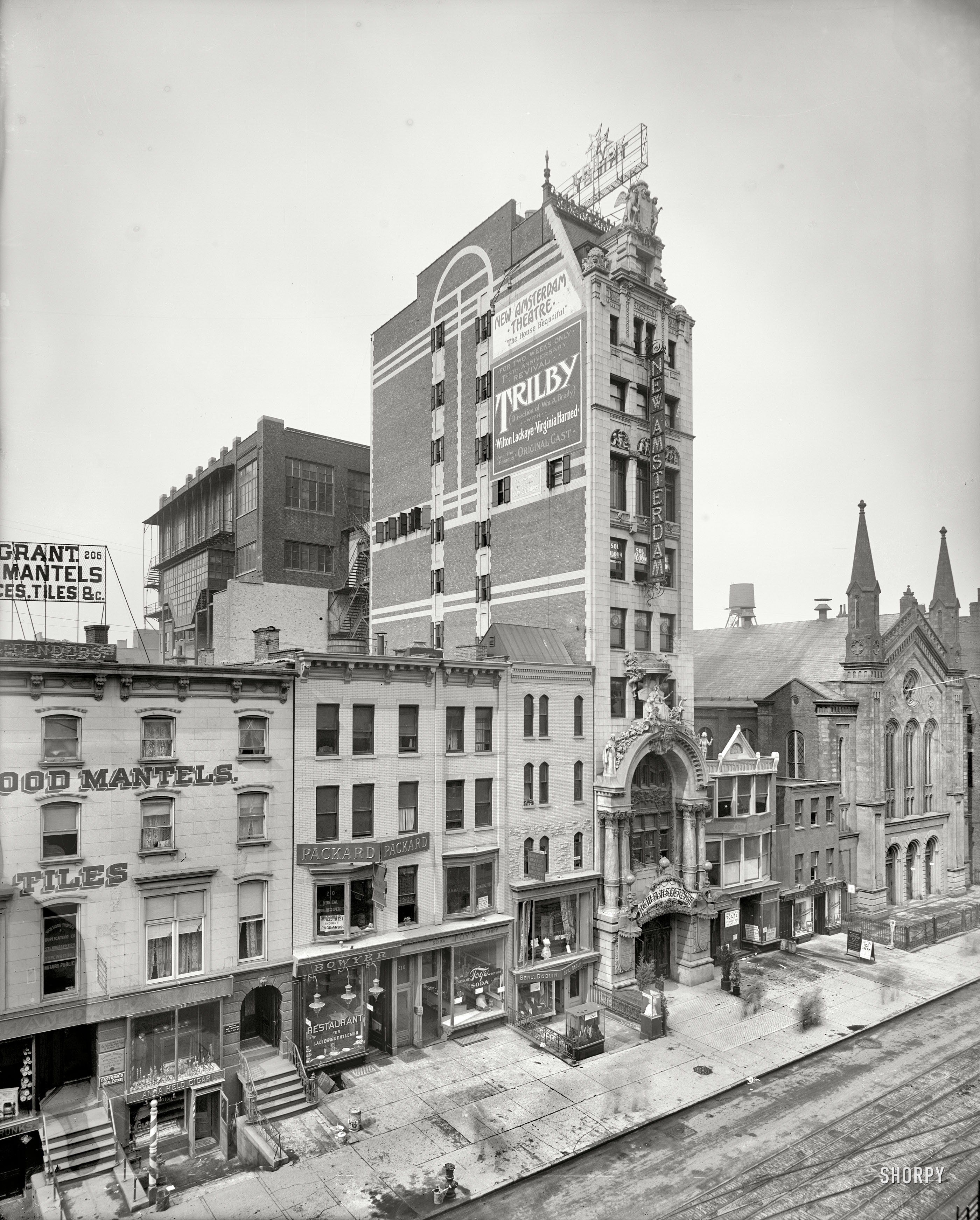 New York circa 1905. "New Amsterdam Theatre." Looking like it just popped up out of the toaster. Now playing: "Trilby." Detroit Publishing Co. View full size.