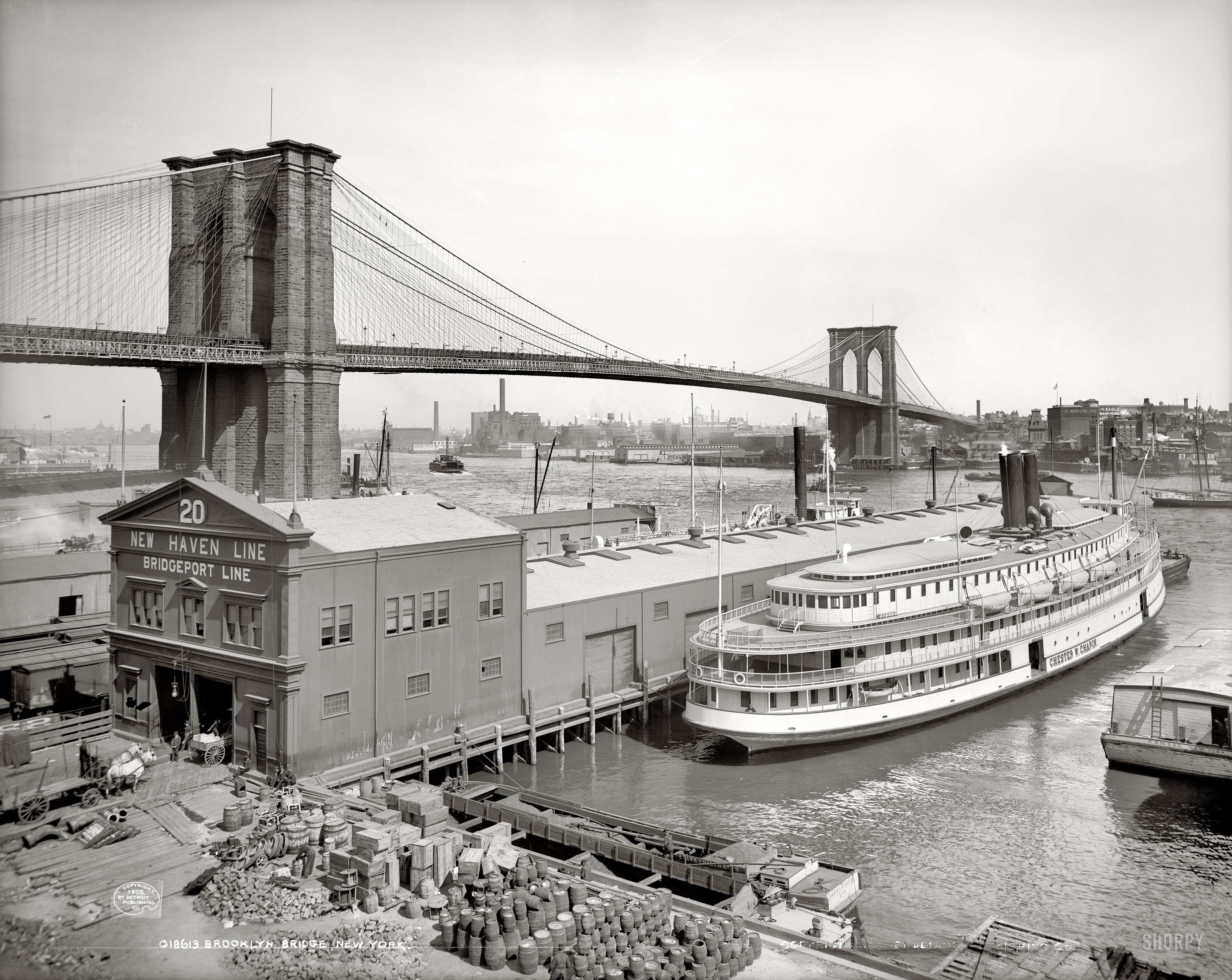 New York circa 1905. "Brooklyn Bridge over East River." 8x10 inch dry plate glass negative, Detroit Publishing Company. View full size.