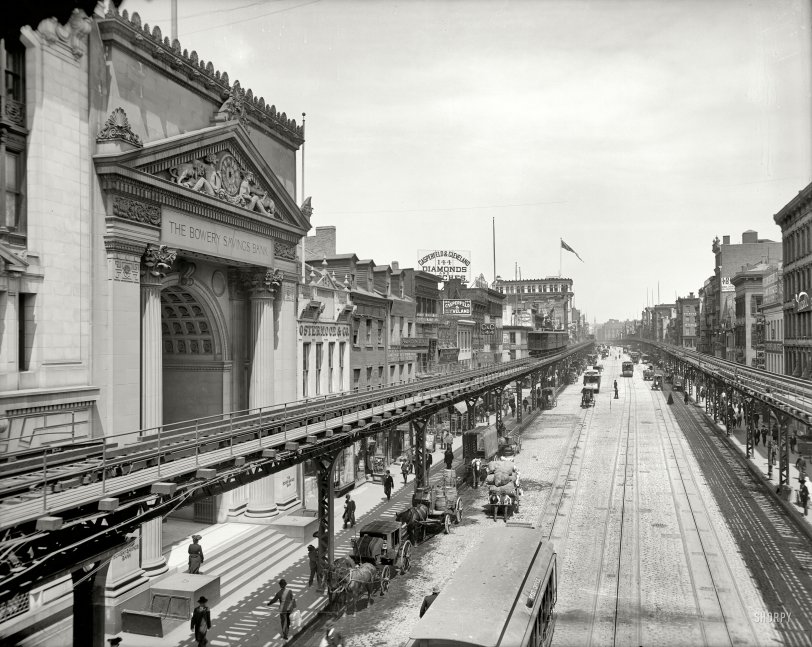 New York circa 1905. "The Bowery." The Third Avenue El, slicing through one of the Big Apple's seedier sections. 8x10 inch glass negative. View full size.
