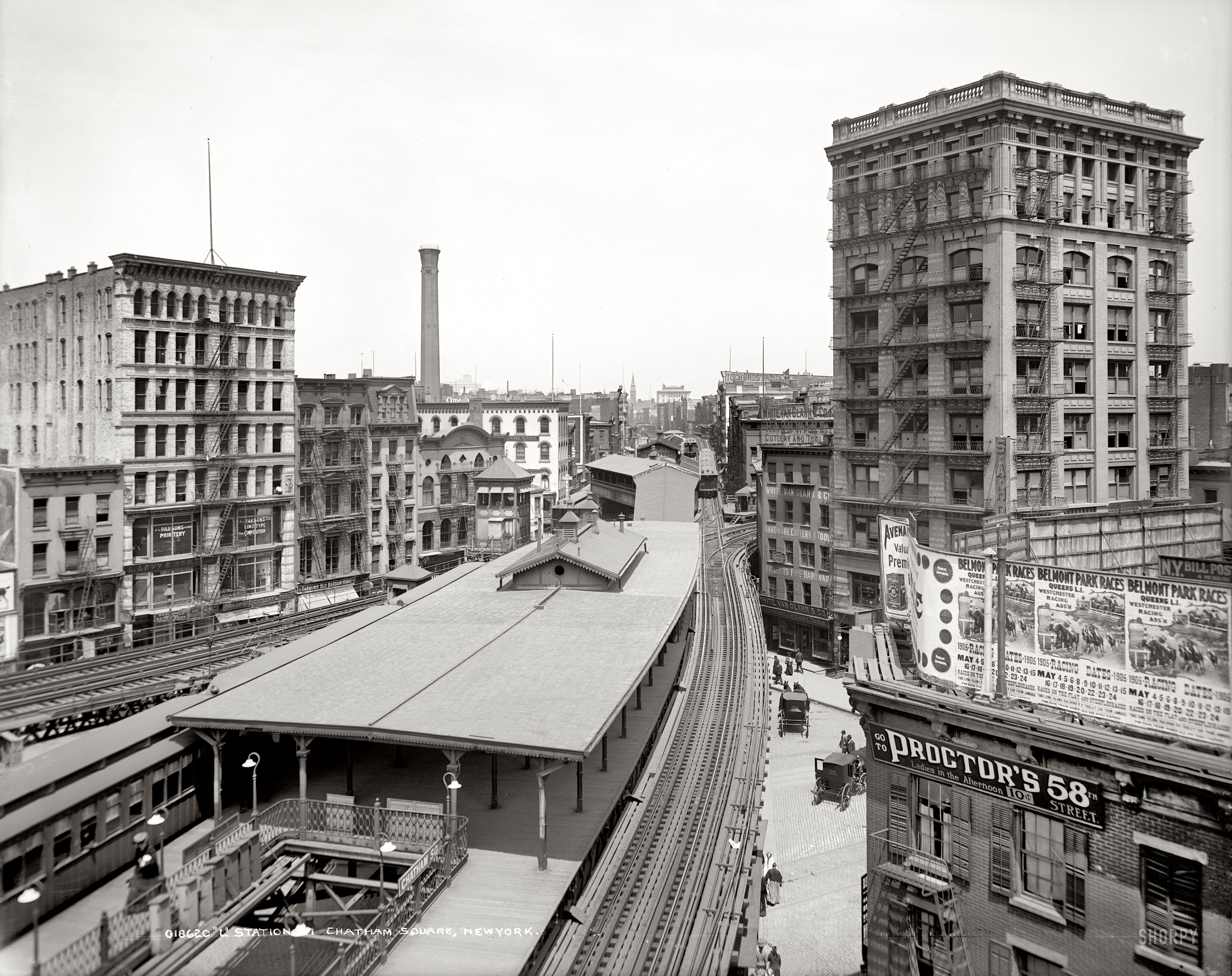 New York City circa 1905. "'L' Station, Chatham Square." 8x10 inch dry plate glass negative, Detroit Publishing Company. View full size.