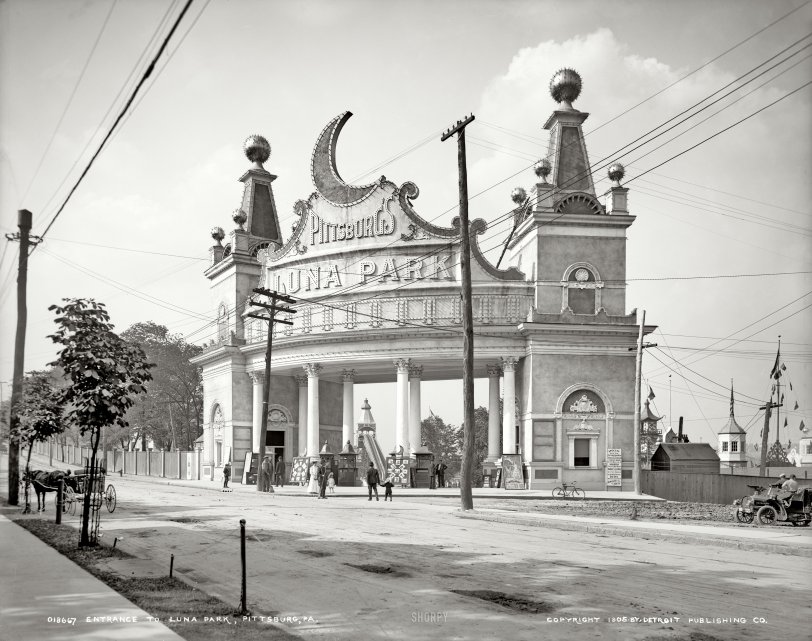 Circa 1905. "Entrance to Luna Park, Pittsburg." This week: "Adgie and Her Lions." 8x10 inch dry plate glass negative, Detroit Publishing Company. View full size.
