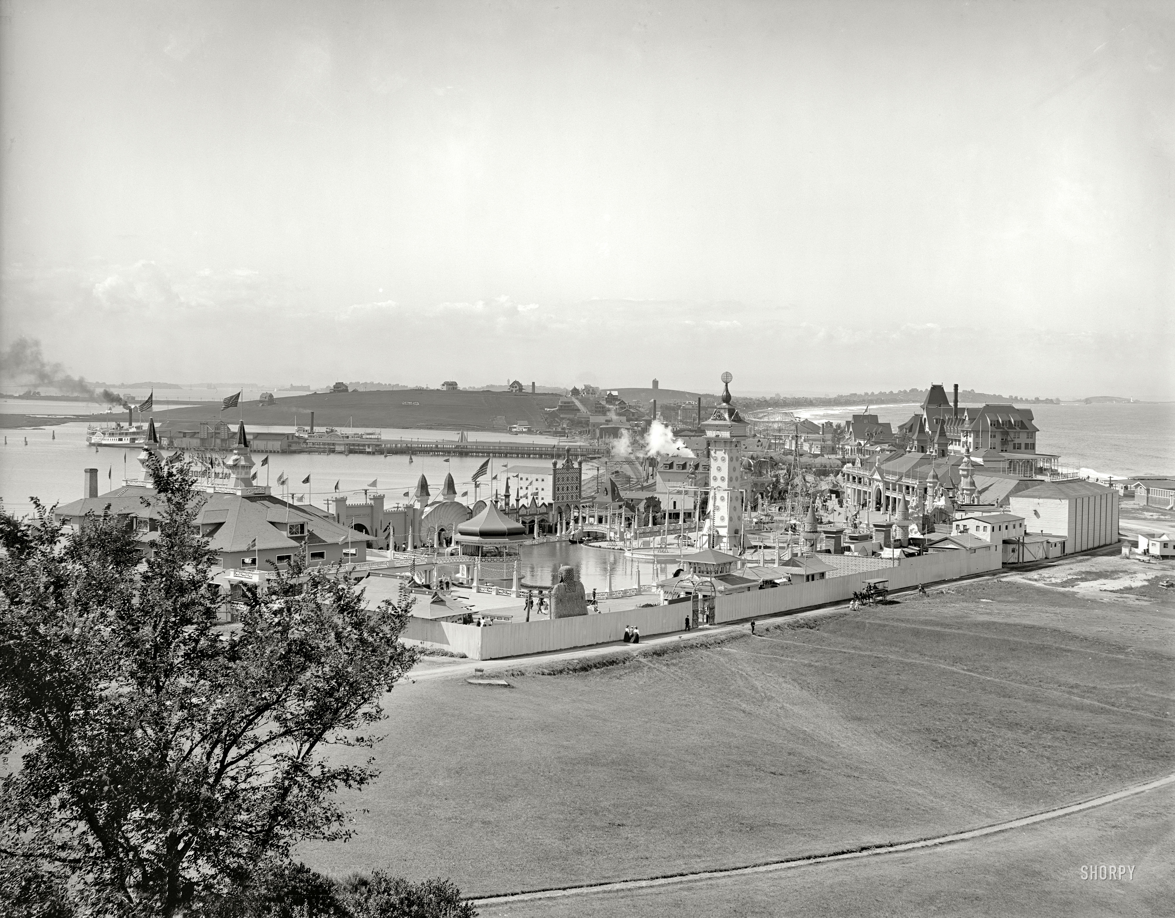 Nantasket Beach, Massachusetts, circa 1905. "Bird's eye view of Paragon Park from Rockland House." Note the Schlitz sign as well as the "Katzenjammer Castle." 8x10 inch dry plate glass negative, Detroit Publishing Co. View full size.