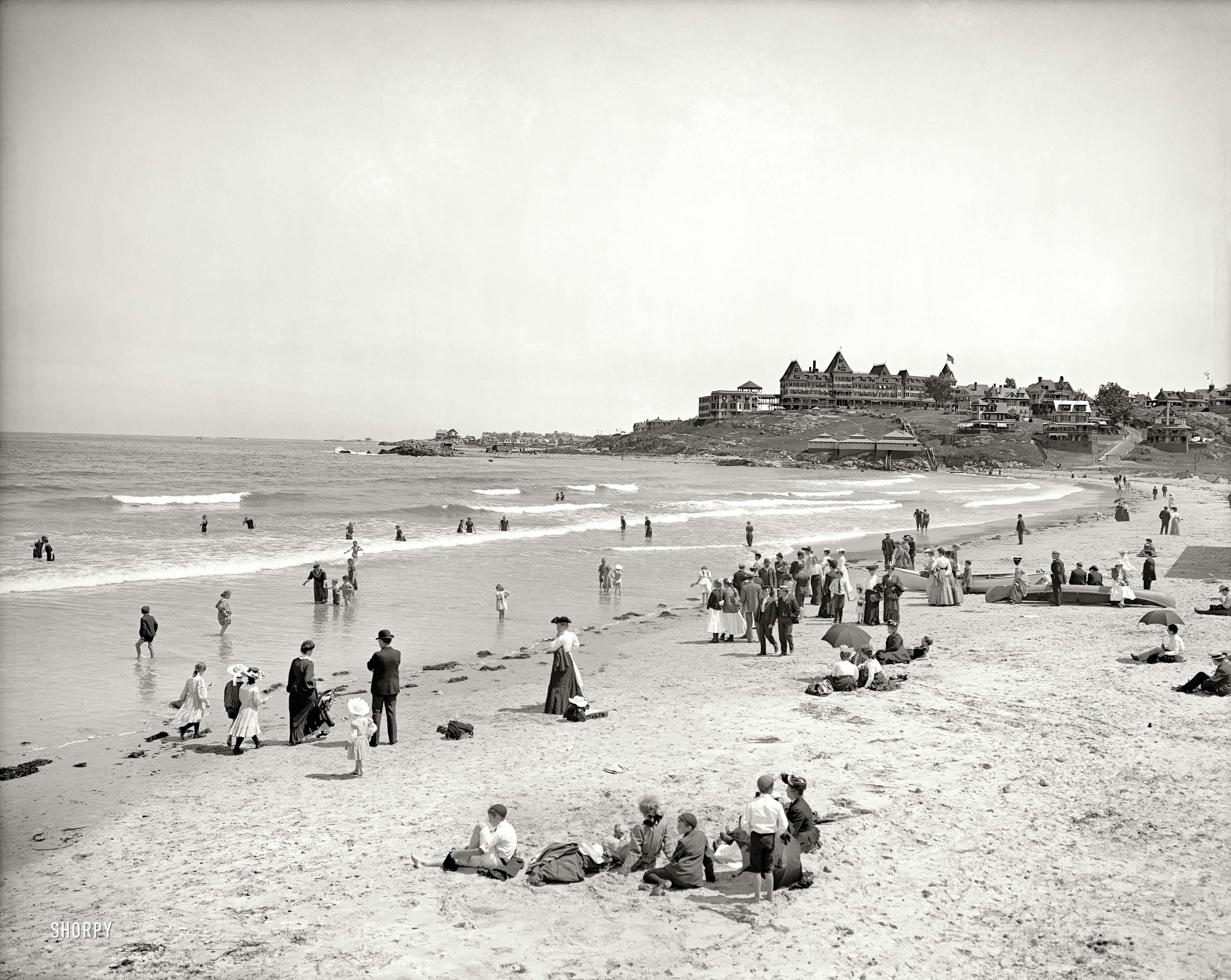 Nantasket Beach, Massachusetts, circa 1905. "Atlantic House and surf bathers." 8x10 inch glass negative, Detroit Publishing Company. View full size.