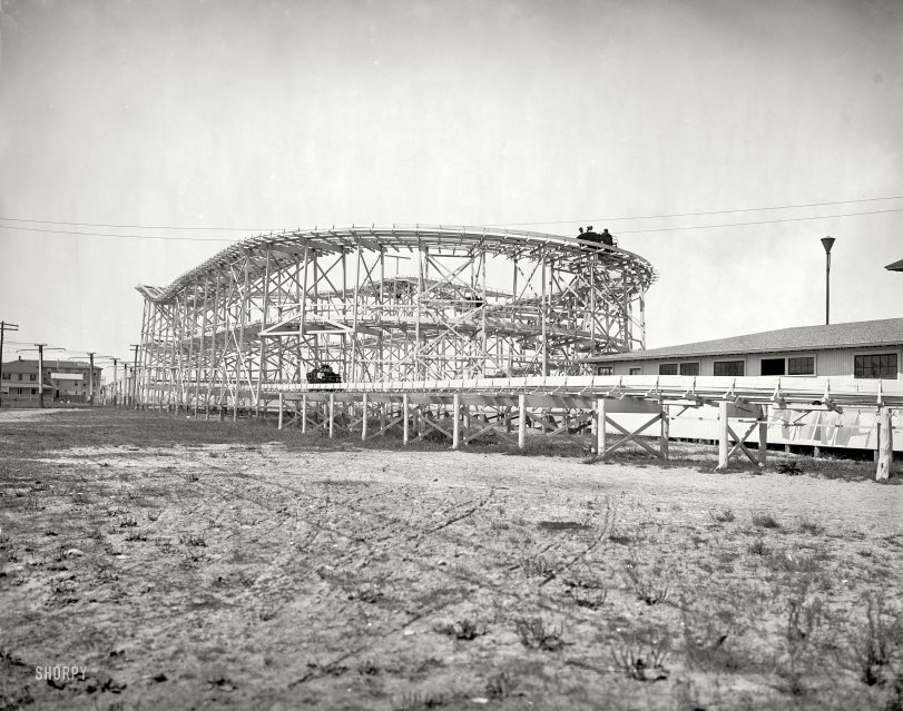 Nantasket Beach, Massachusetts, circa 1905. "Roller coaster at Paragon Park." 8x10 inch dry plate glass negative, Detroit Publishing Company. View full size.
