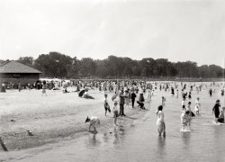 Chicago, Illinois, circa 1905. "Children's bathing beach, Lincoln Park." We return to the shores of Lake Michigan under the watchful gaze of Officer K. Kop. 8x10 inch dry plate glass negative, Detroit Publishing Company. View full size.