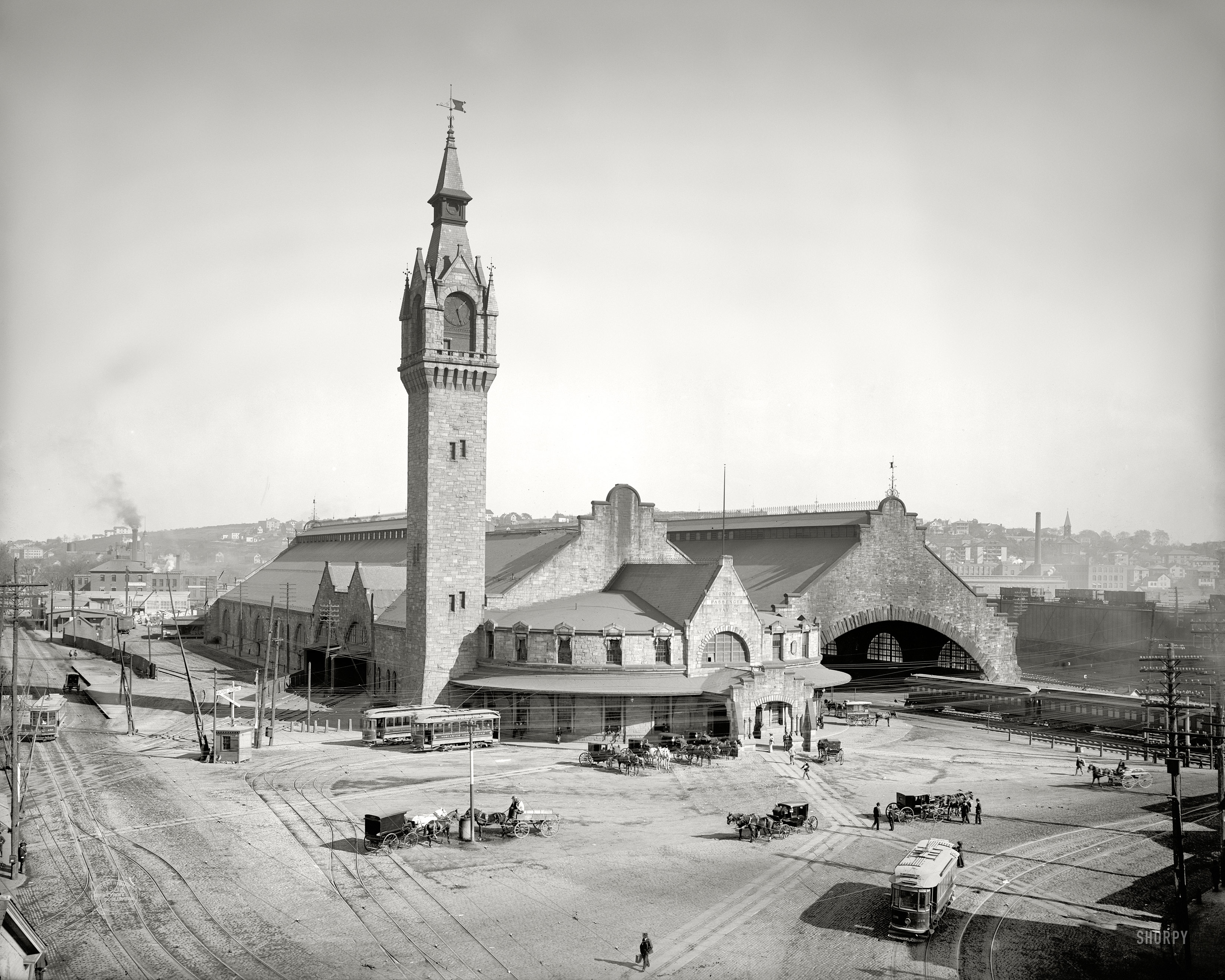 Worcester, Massachusetts, circa 1906. "Union Station." Whose clock tower illustrates the campanile vogue in public architecture at its vertiginous peak. 8x10 inch dry plate glass negative, Detroit Publishing Company. View full size.
