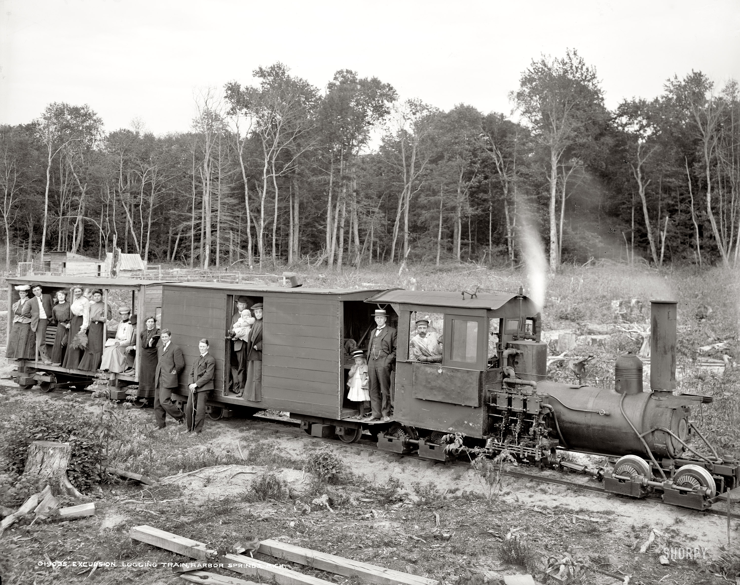 Harbor Springs, Michigan, circa 1906. "Excursion logging train." 8x10 inch dry plate glass negative, Detroit Publishing Company. View full size.
