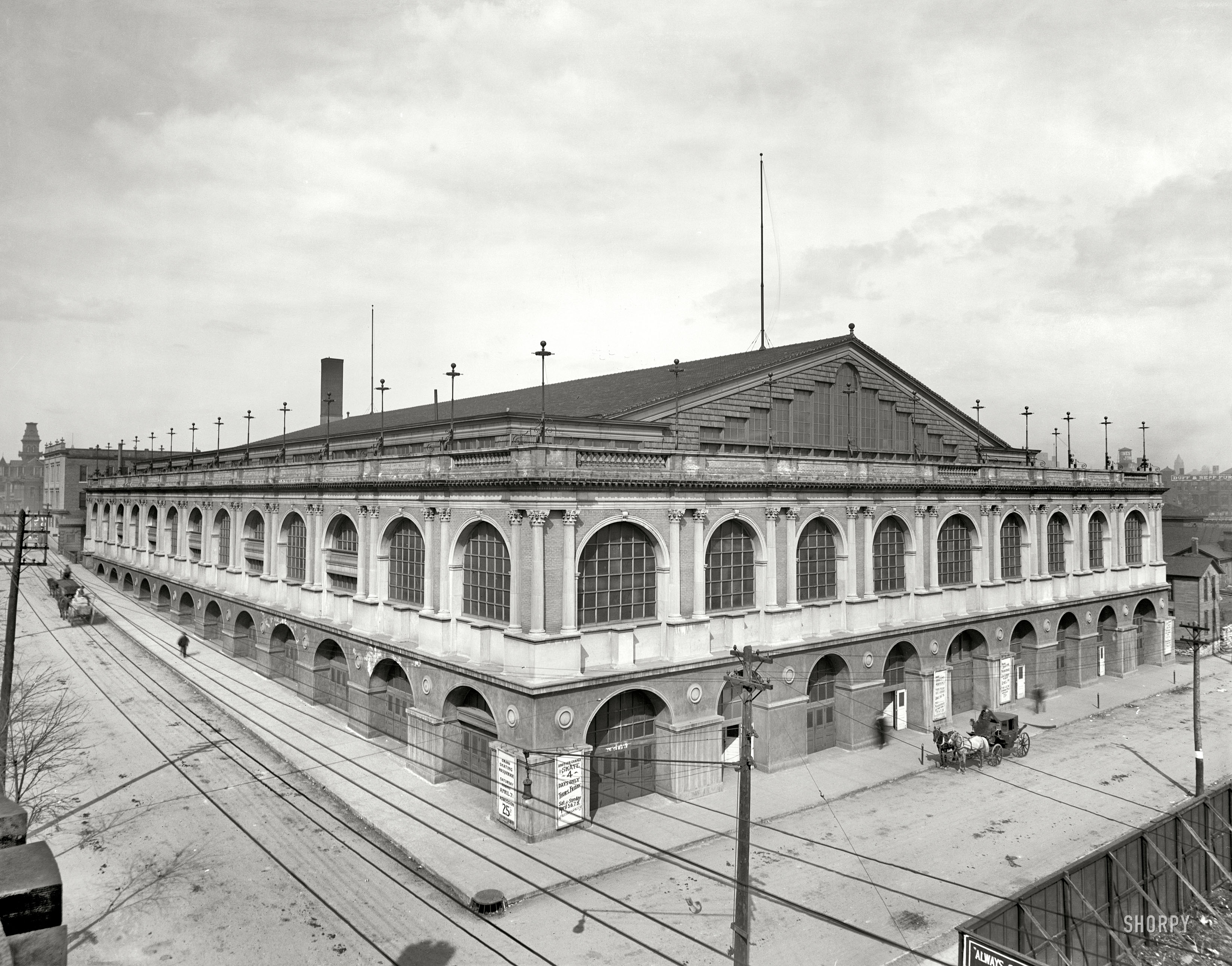 Kansas City, Missouri, circa 1906. "Convention Hall." For four days only, a "Grand Skating Masquerade." 8x10 glass negative, Detroit Publishing Co. View full size.
