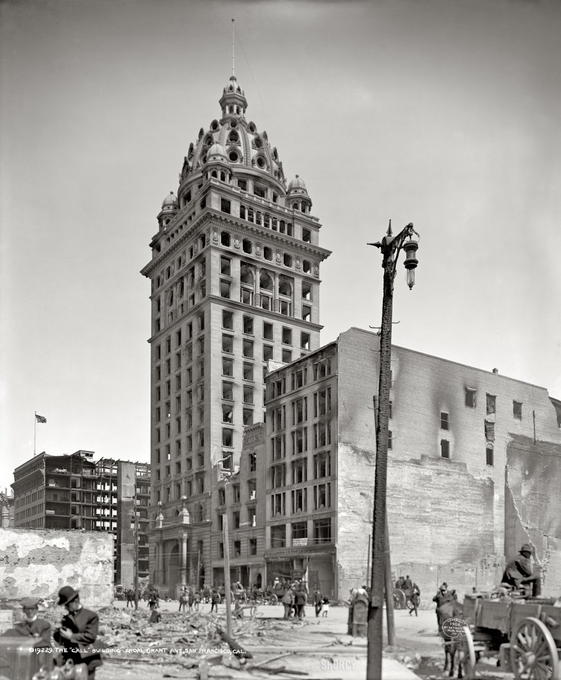San Francisco, 1906. "The Call newspaper building from Grant Avenue." 8x10 inch dry plate glass negative, Detroit Publishing Company. View full size.
