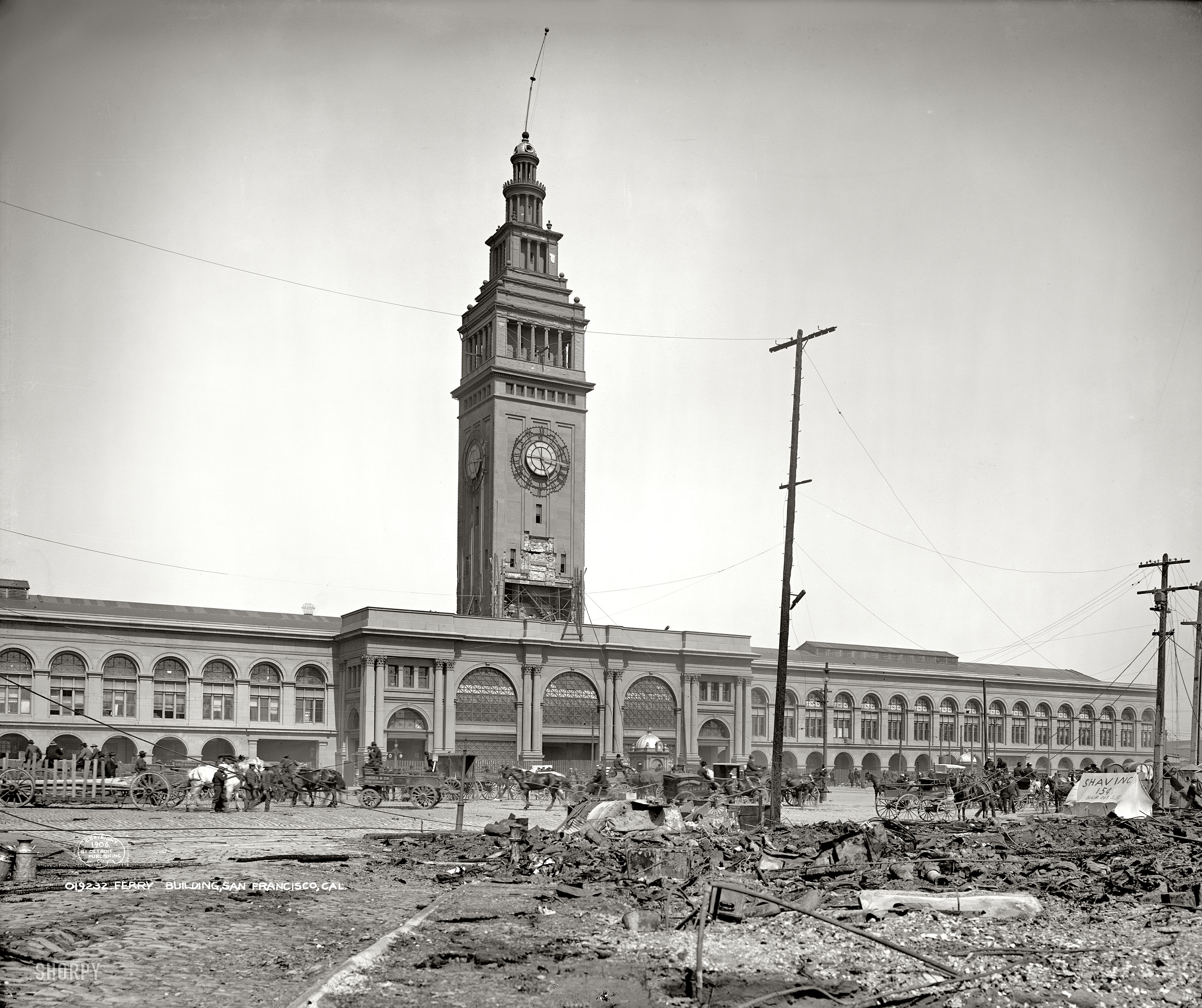 "Ferry Building, San Francisco, 1906." Aftermath of the earthquake and fire. 8x10 inch dry plate glass negative, Detroit Publishing Company. View full size.