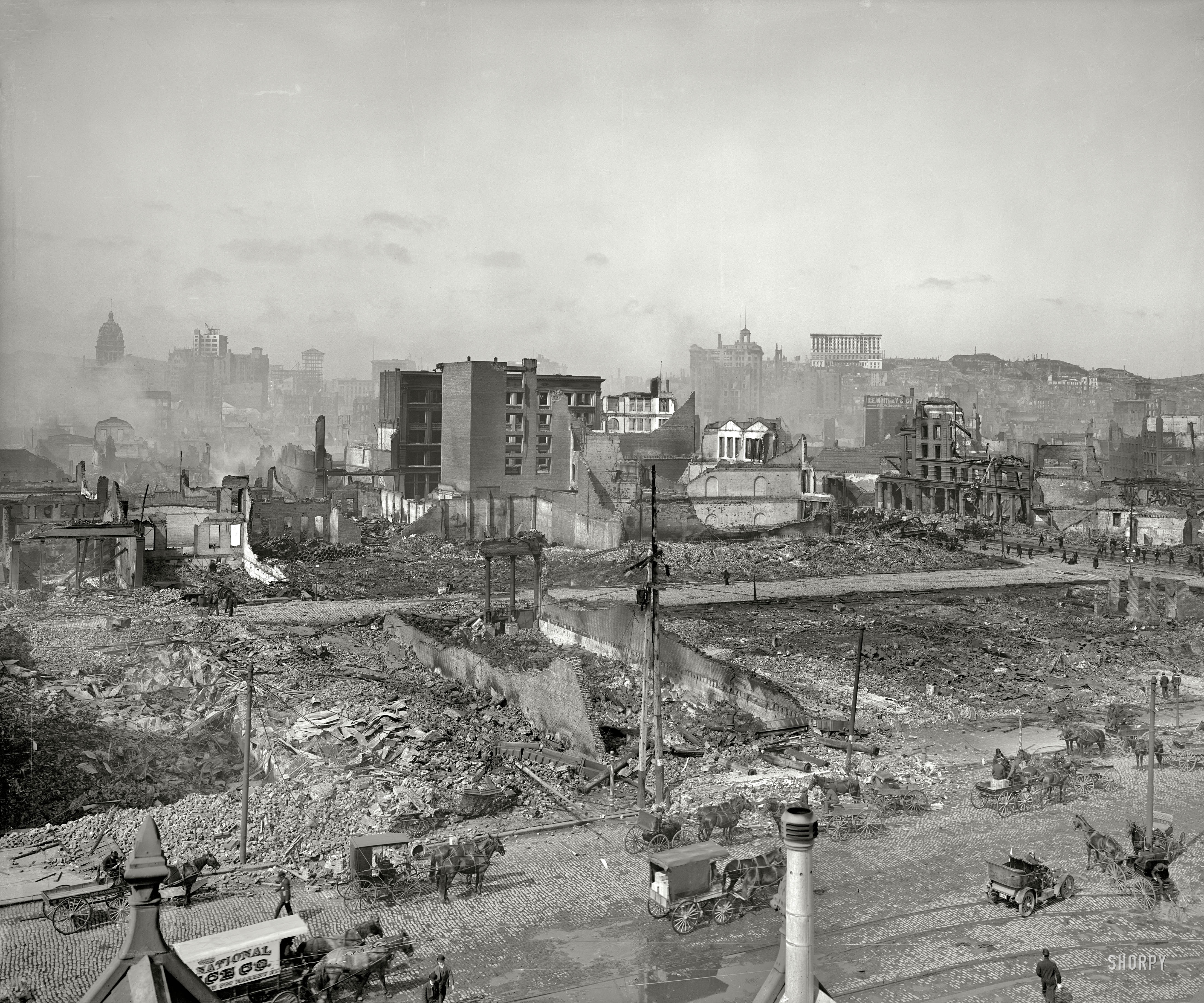 "Nob Hill from roof of Ferry Post Office." San Francisco after the earthquake and fire of April 18, 1906. Detroit Publishing glass negative. View full size.