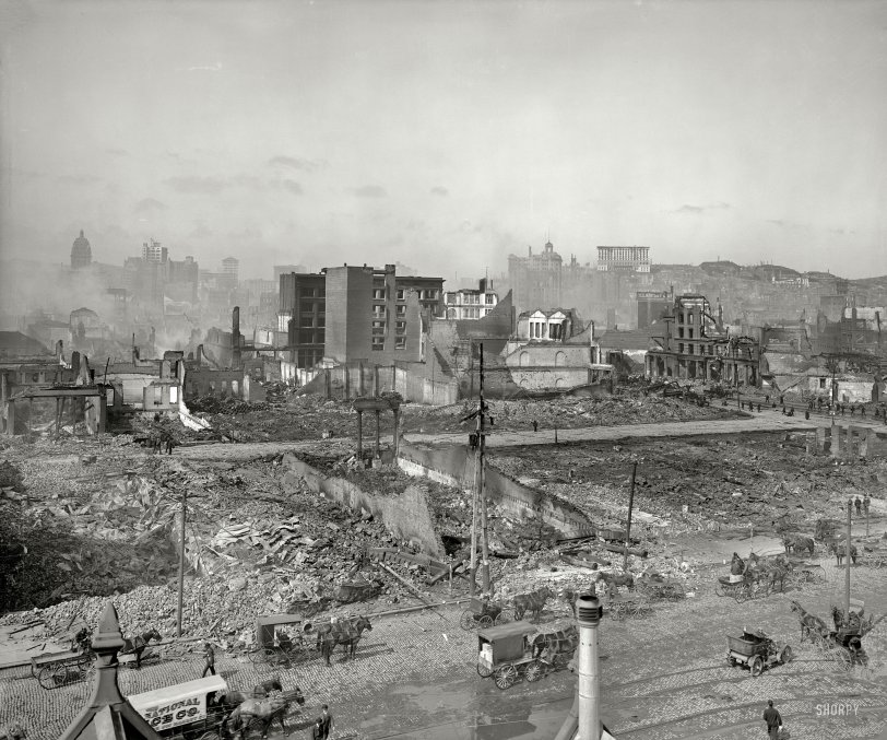 "Nob Hill from roof of Ferry Post Office." San Francisco after the earthquake and fire of April 18, 1906. Detroit Publishing glass negative. View full size.
