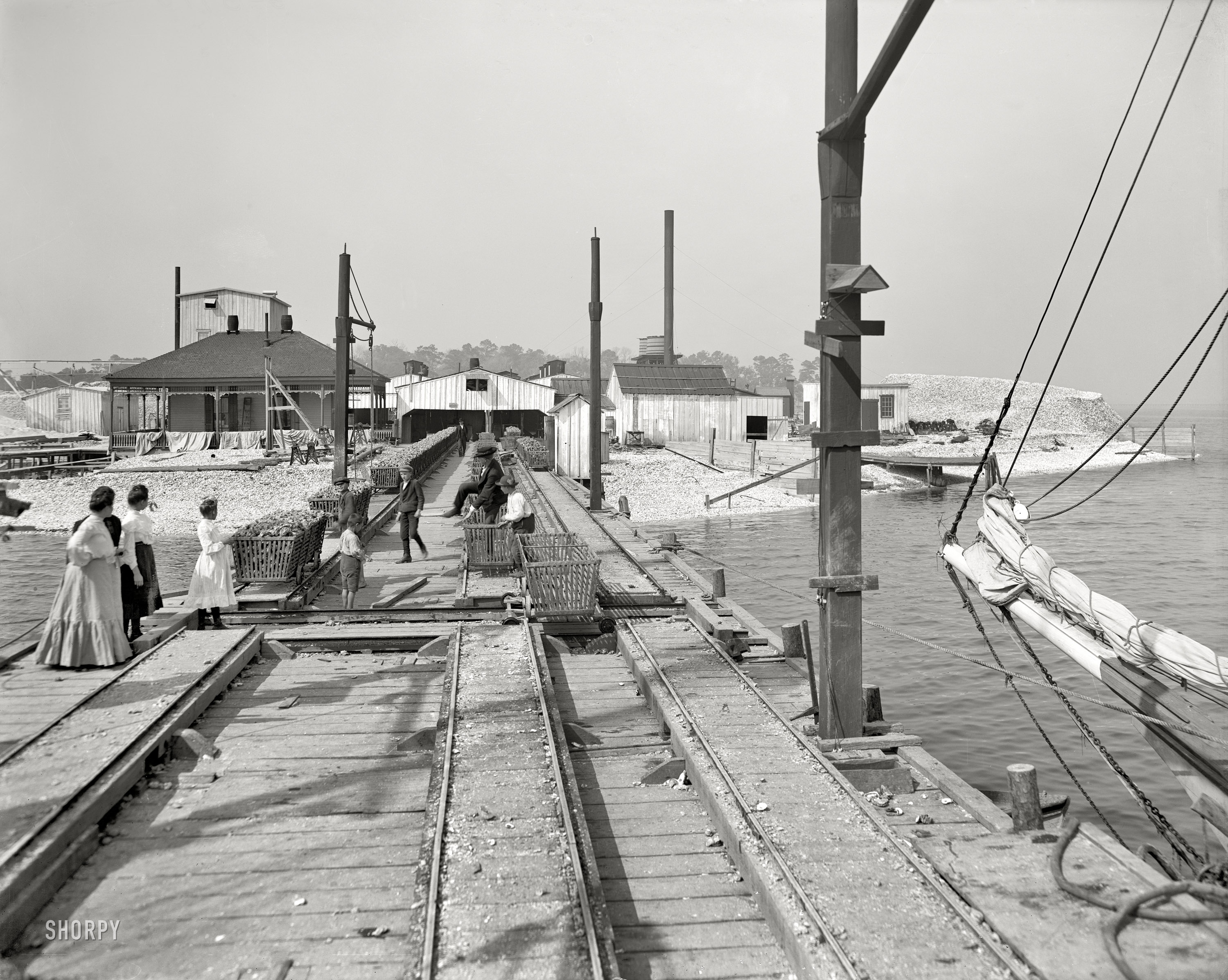 Biloxi, Mississippi, circa 1906. "Point oyster houses." Just add ice and beer. 8x10 inch dry plate glass negative, Detroit Publishing Company. View full size.