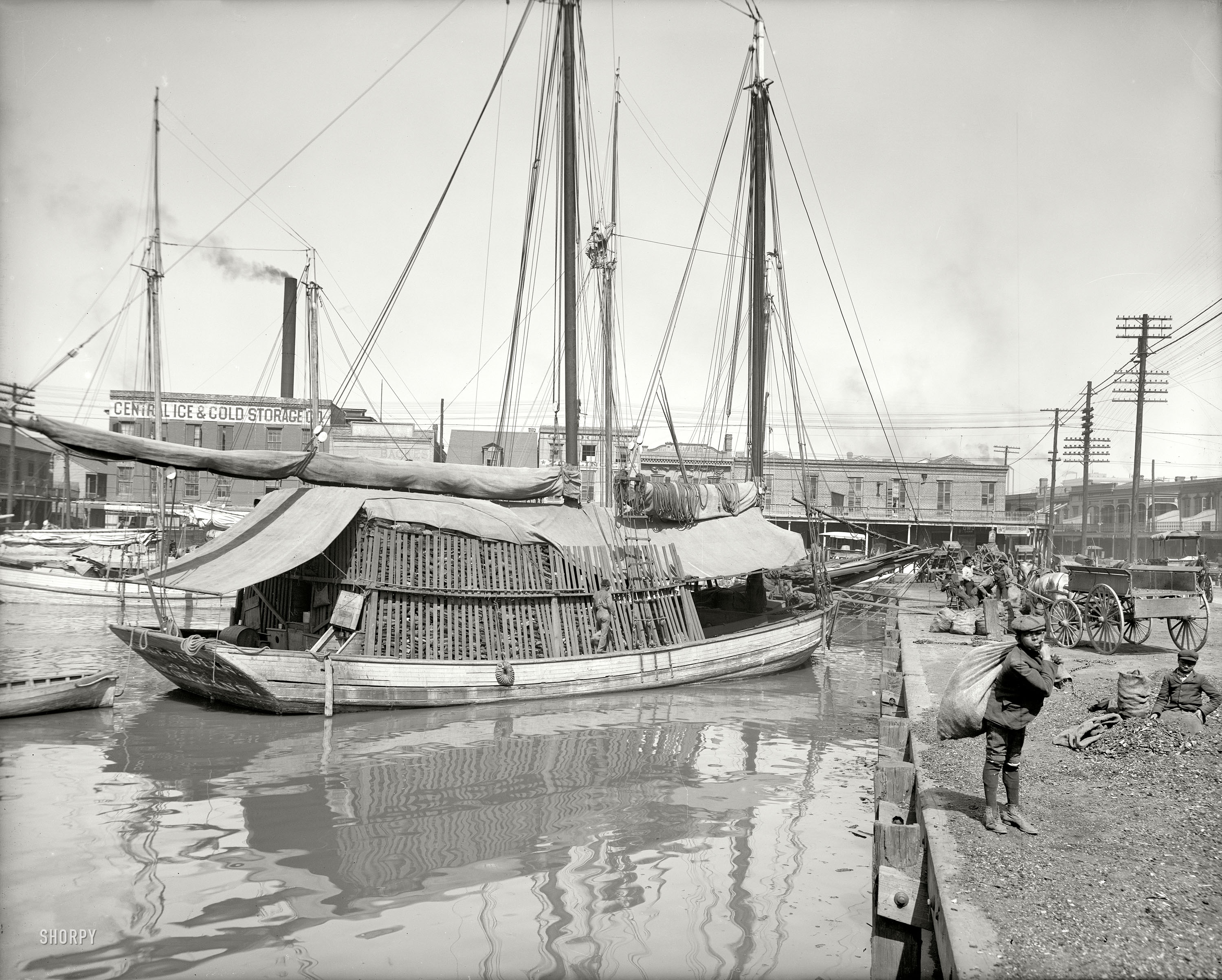 New Orleans circa 1906. "Charcoal lugger in the Old Basin." 8x10 inch dry plate glass negative, Detroit Publishing Company. View full size.