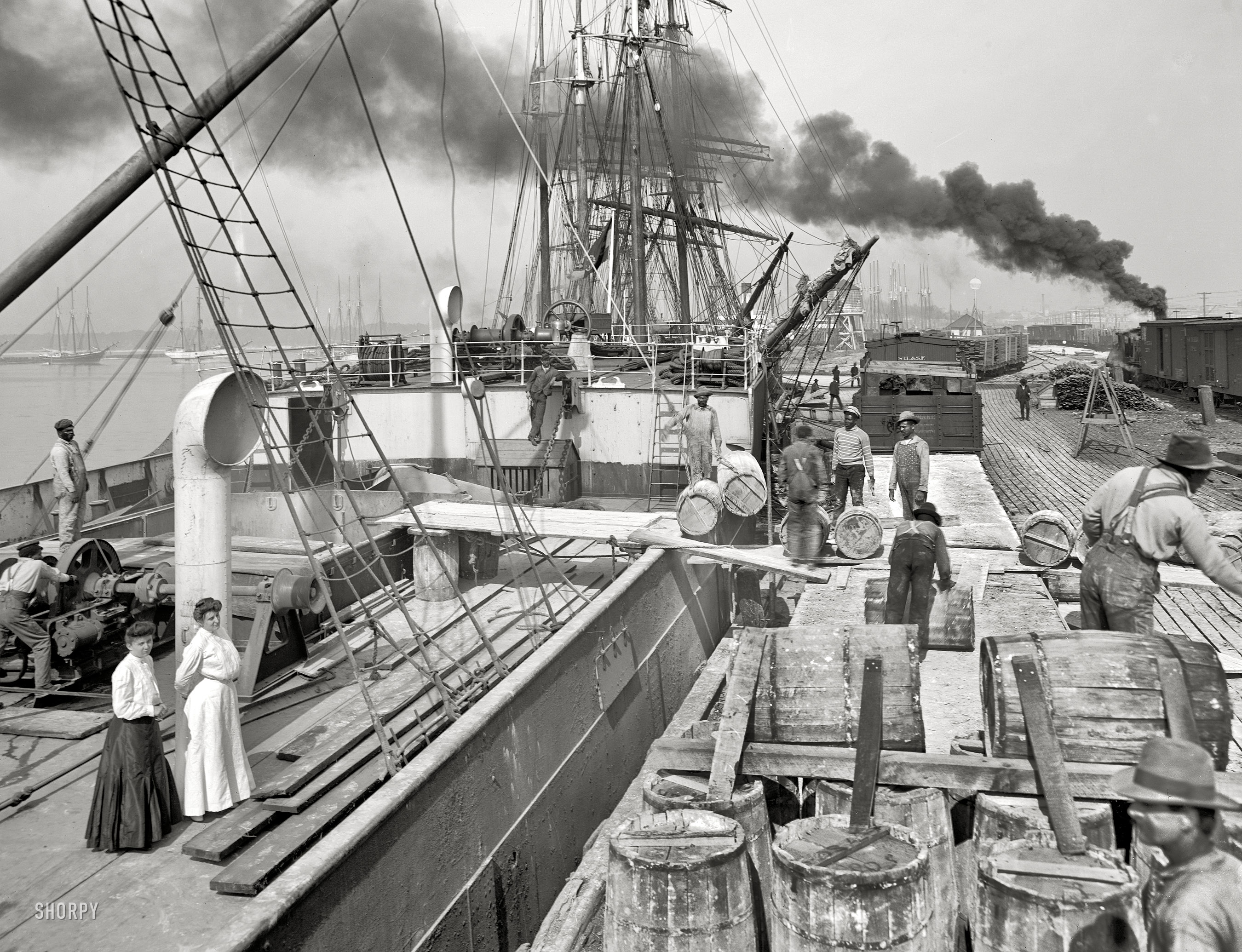 Gulfport, Mississippi, circa 1906. "Steamer loading resin." 8x10 inch dry plate glass negative, Detroit Publishing Company. View full size.