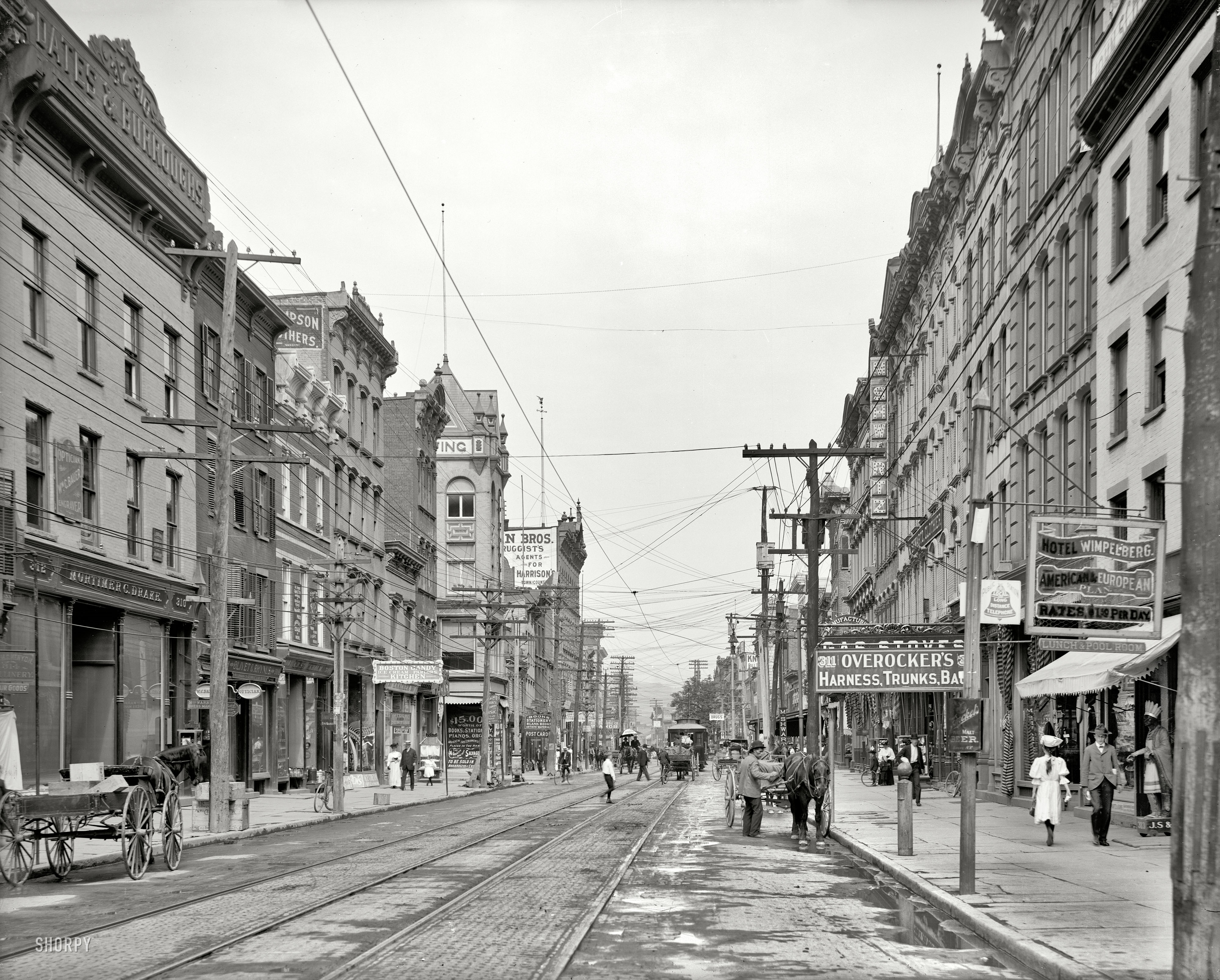 Circa 1906. "Main Street. Poughkeepsie, New York." Behold the Queen City of the Hudson. 8x10 inch glass negative, Detroit Publishing Company. View full size.
