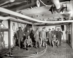 1896. "Gunner's gang, U.S.S. Maine." The Shorpy shakedown cruise continues. Glass negative by Edward H. Hart, Detroit Publishing Company. View full size.