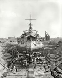 Circa 1898. "U.S.S. Massachusetts in dry dock." 8x10 inch dry plate glass negative by Edward H. Hart, Detroit Publishing Company. View full size.